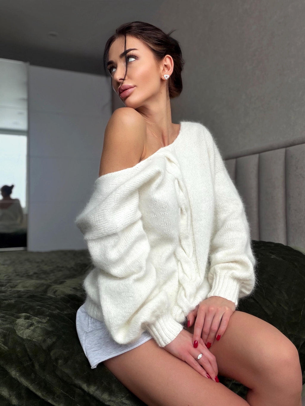 Angora wool knit milk - white sweater Open back Deep neckline hand knit fluffy cozy angora pastel pullover Loose fit oversize V-neck
