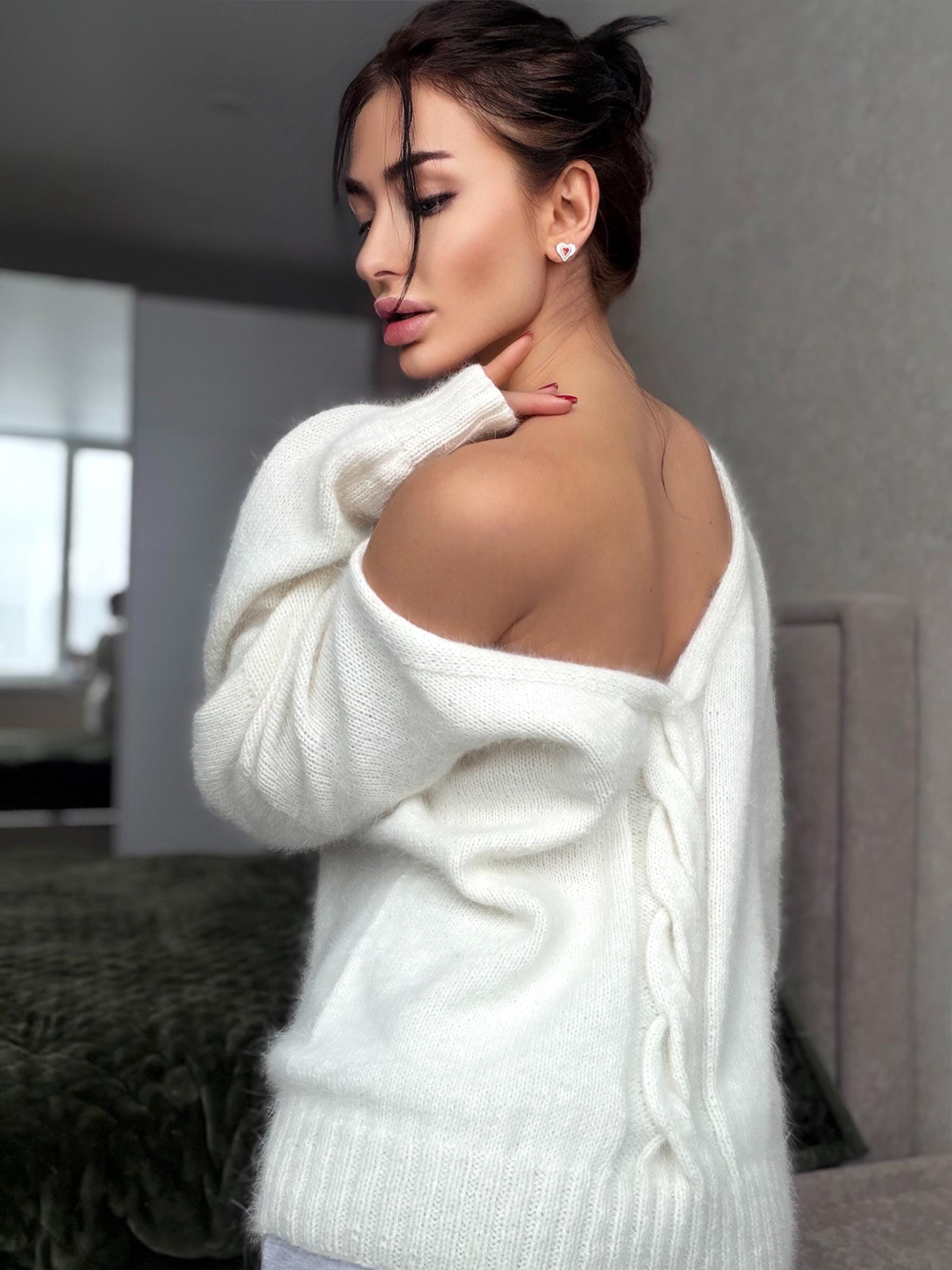Angora wool knit milk - white sweater Open back Deep neckline hand knit fluffy cozy angora pastel pullover Loose fit oversize V-neck