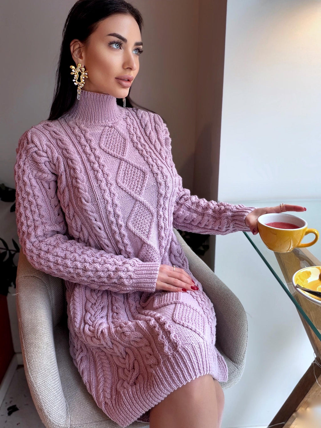 Merino wool hand knit light lilac sweater dress turtleneck Cable knit large sweater Oversize cozy knit dress high collar Women Chunky knit