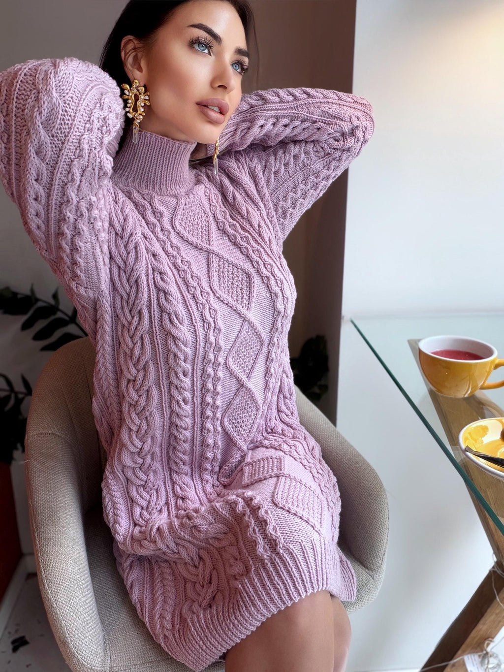 Merino wool hand knit light lilac sweater dress turtleneck Cable knit large sweater Oversize cozy knit dress high collar Women Chunky knit