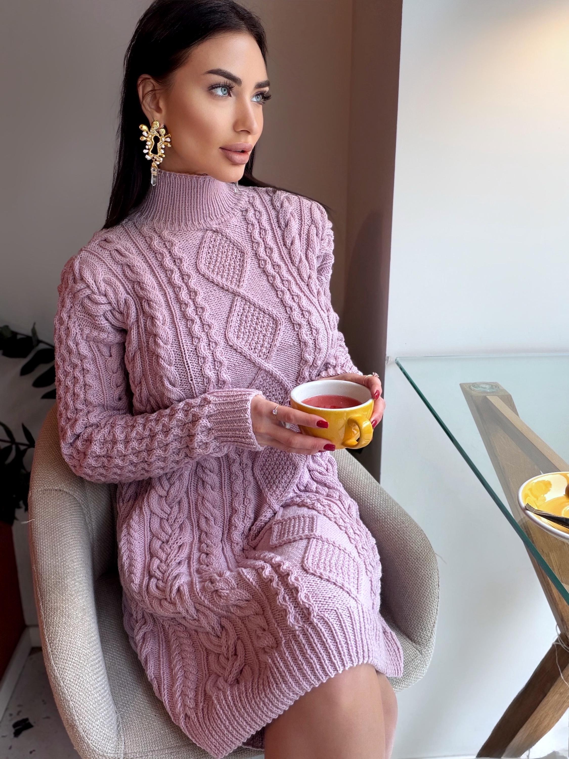 Merino wool hand knit light lilac sweater dress turtleneck Cable knit large sweater Oversize cozy knit dress high collar Women Chunky knit