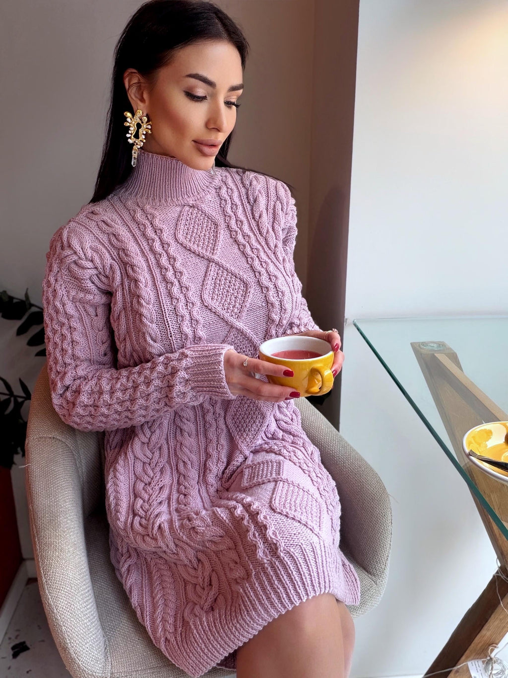 Merino wool hand knit light lilac sweater dress turtleneck Cable knit large sweater Oversize cozy knit dress high collar Women Chunky knit