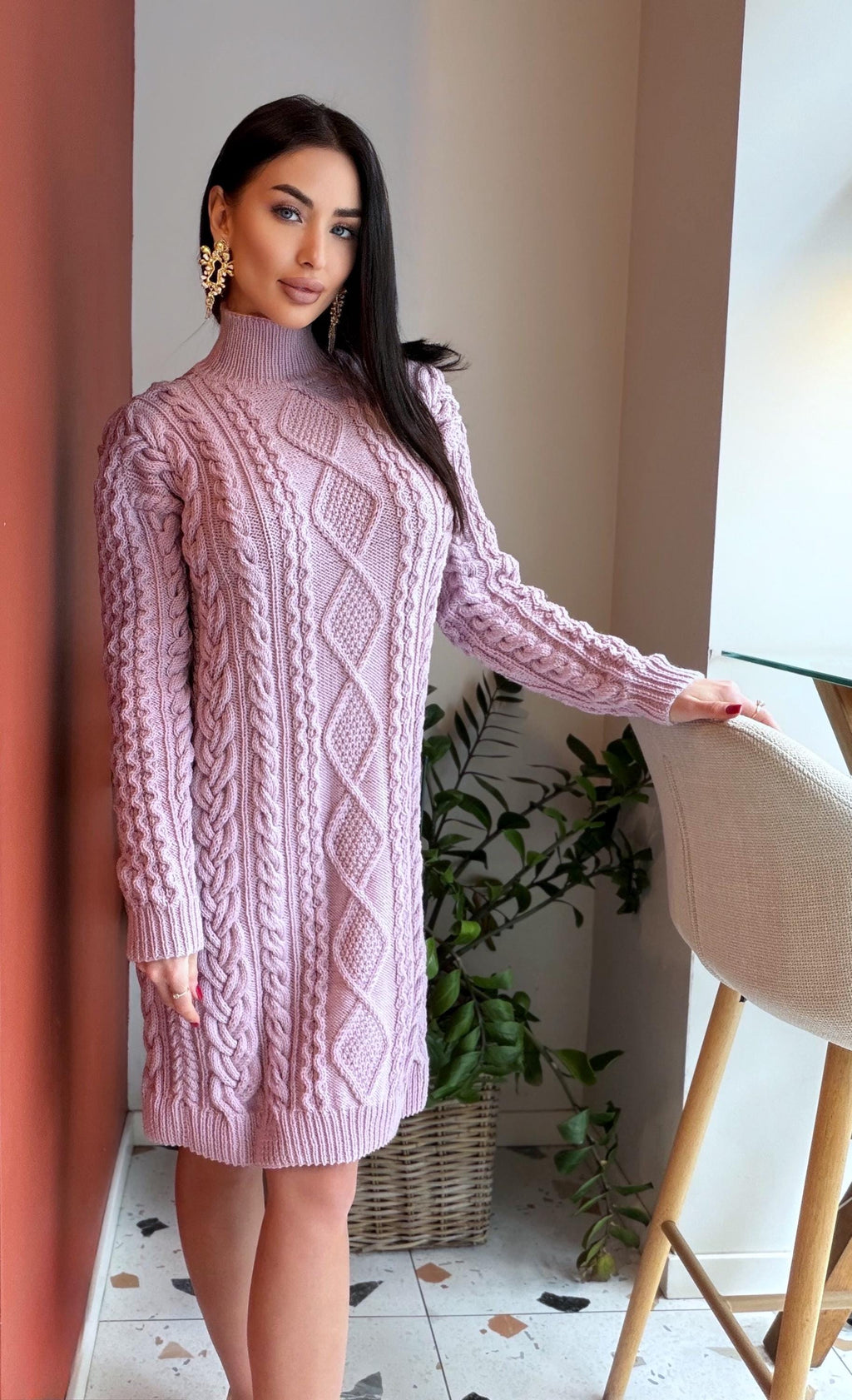 Merino wool hand knit light lilac sweater dress turtleneck Cable knit large sweater Oversize cozy knit dress high collar Women Chunky knit