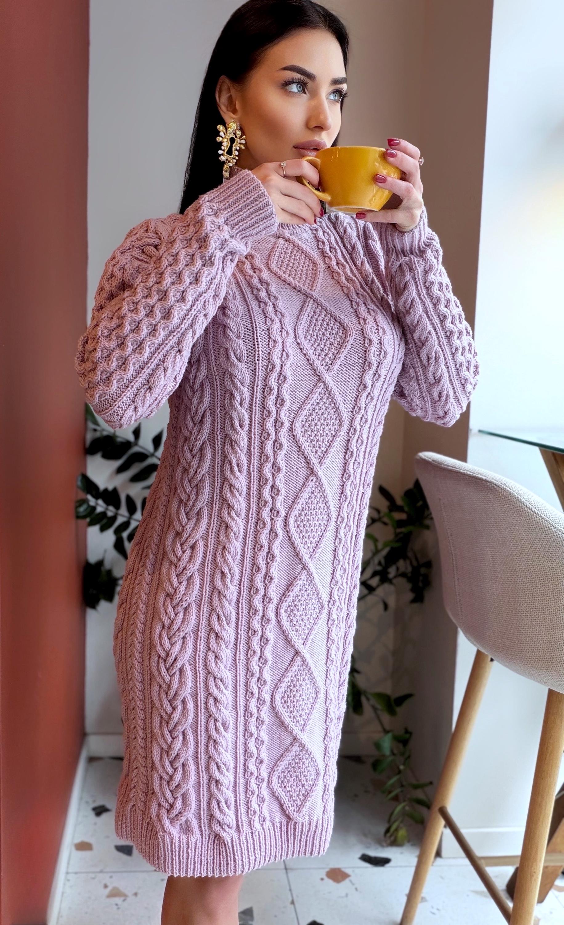 Merino wool hand knit light lilac sweater dress turtleneck Cable knit large sweater Oversize cozy knit dress high collar Women Chunky knit