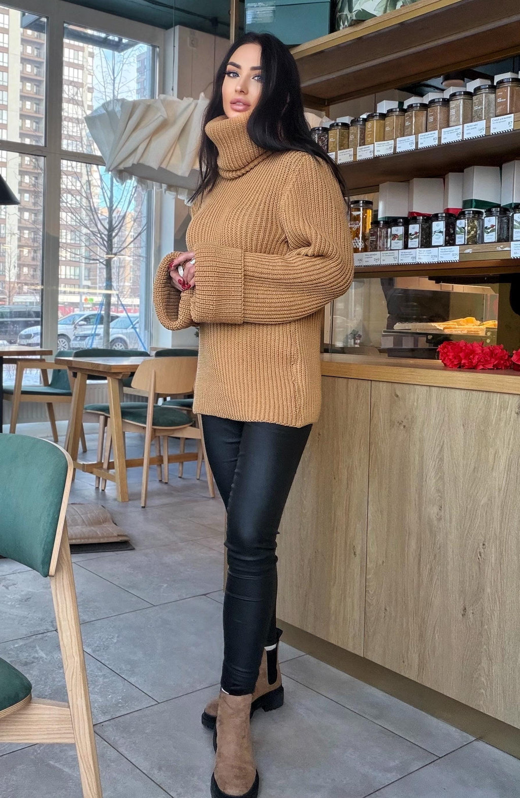 Large oversize merino wool turtleneck sweater dress Hand knit merino wool sweater dress Cable knit big pullover Chunky knit high big collar