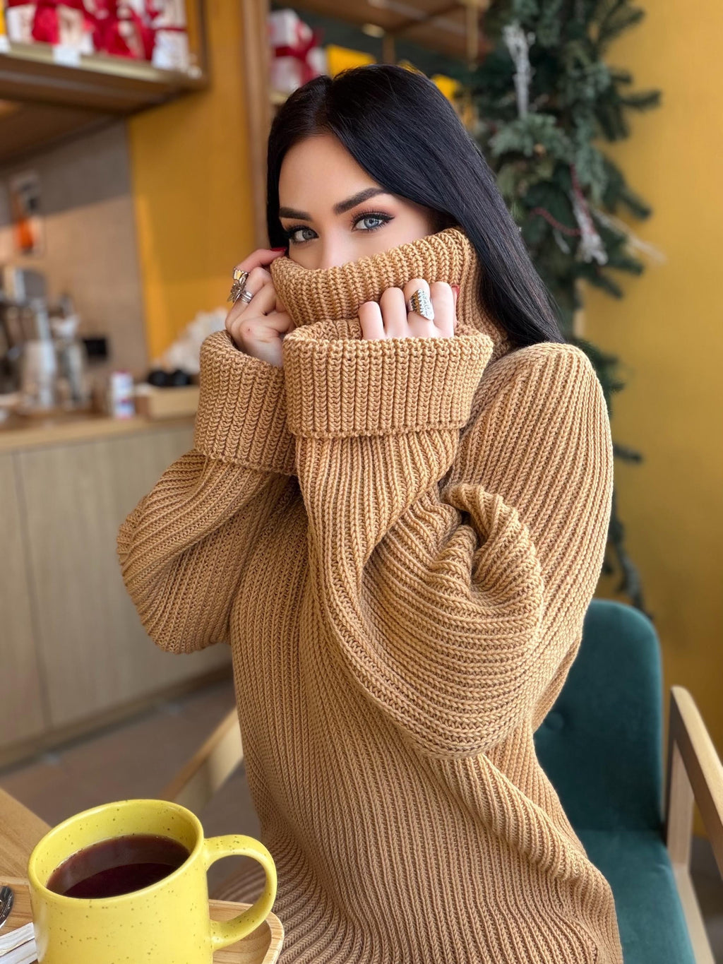Large oversize merino wool turtleneck sweater dress Hand knit merino wool sweater dress Cable knit big pullover Chunky knit high big collar