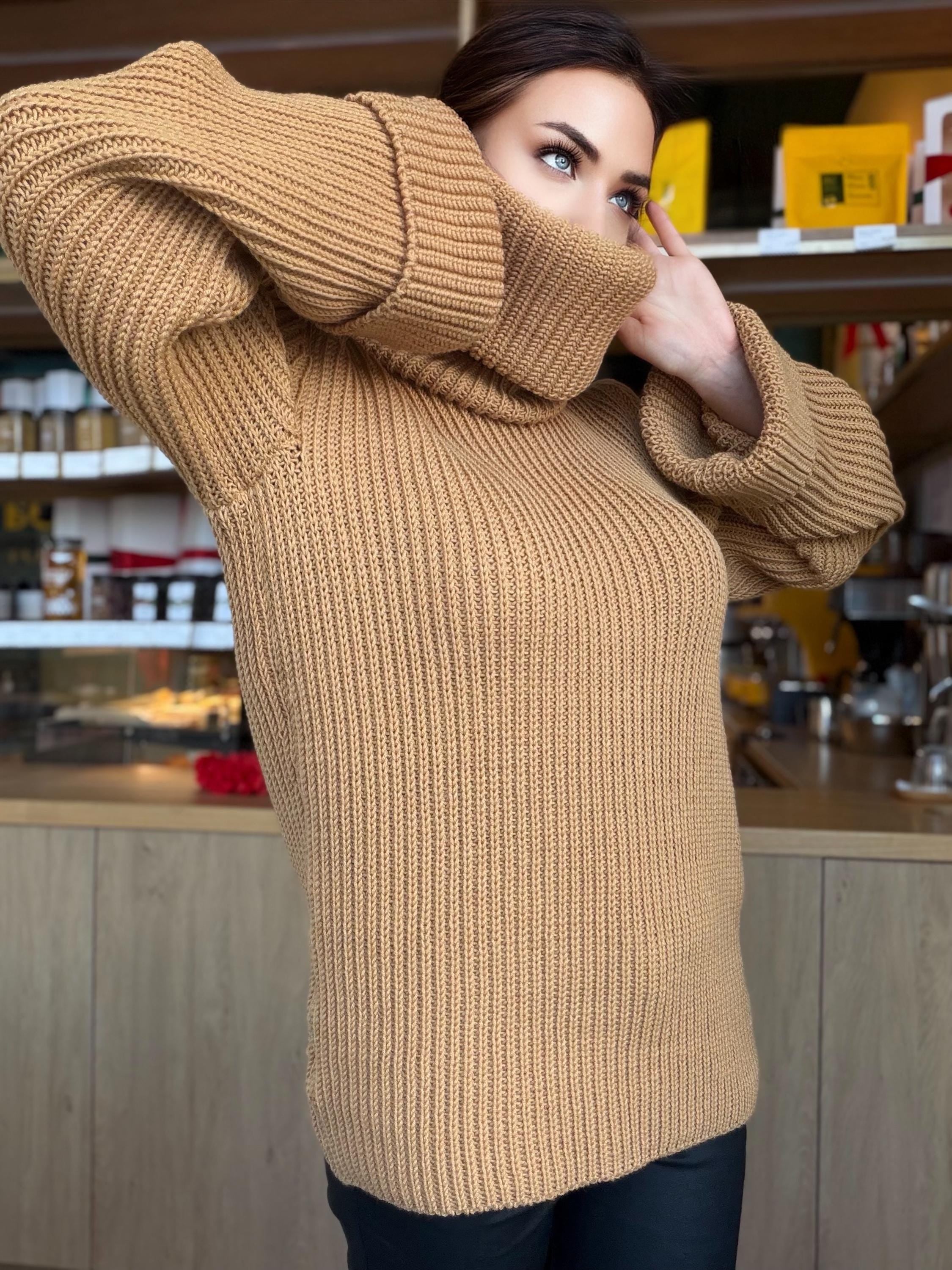 Large oversize merino wool turtleneck sweater dress Hand knit merino wool sweater dress Cable knit big pullover Chunky knit high big collar