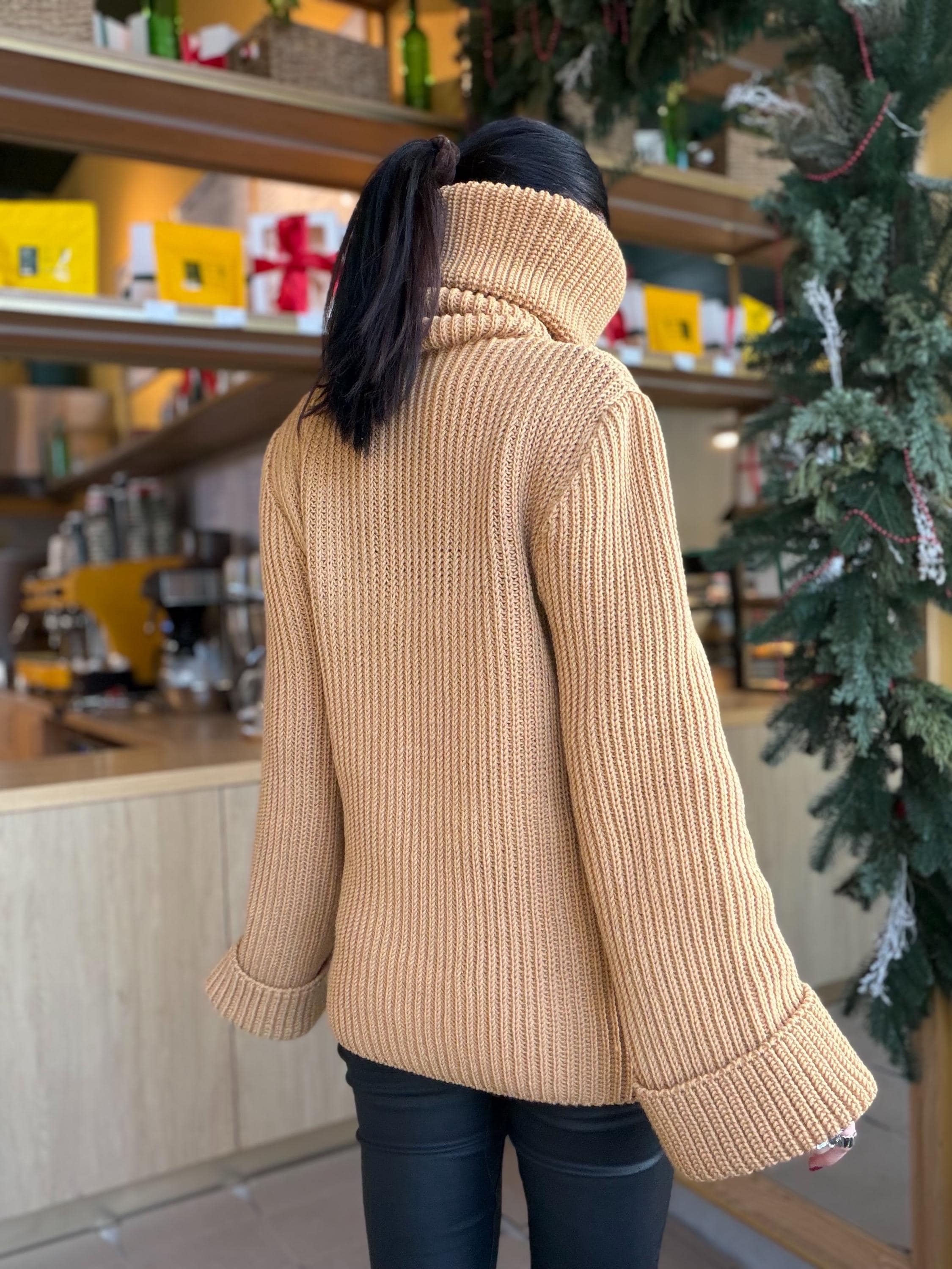 Large oversize merino wool turtleneck sweater dress Hand knit merino wool sweater dress Cable knit big pullover Chunky knit high big collar