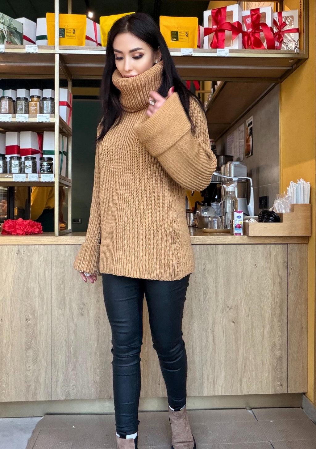 Large oversize merino wool turtleneck sweater dress Hand knit merino wool sweater dress Cable knit big pullover Chunky knit high big collar