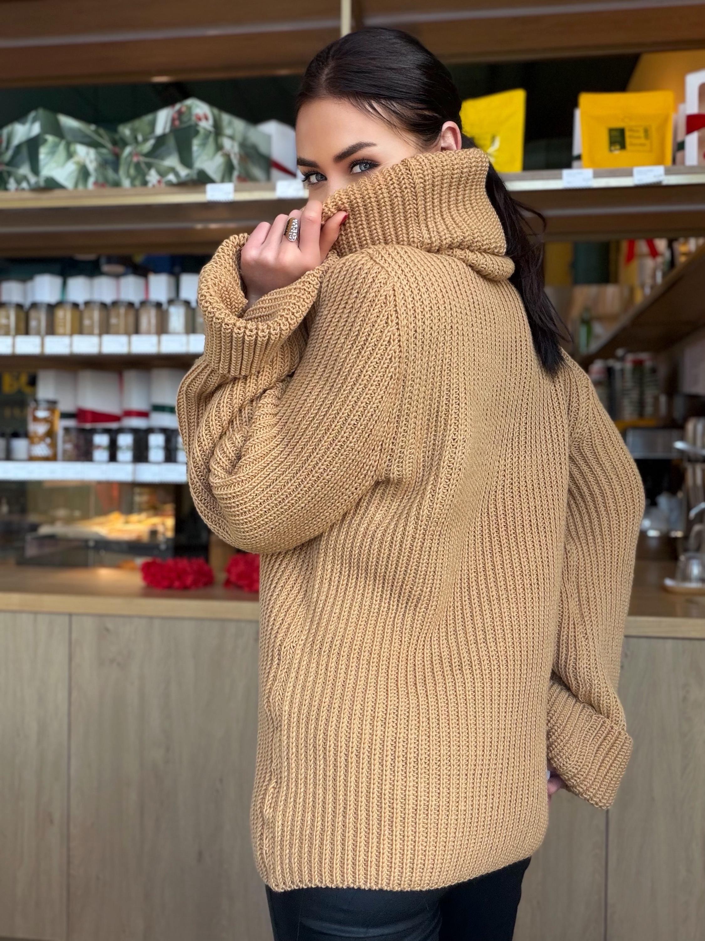 Large oversize merino wool turtleneck sweater dress Hand knit merino wool sweater dress Cable knit big pullover Chunky knit high big collar