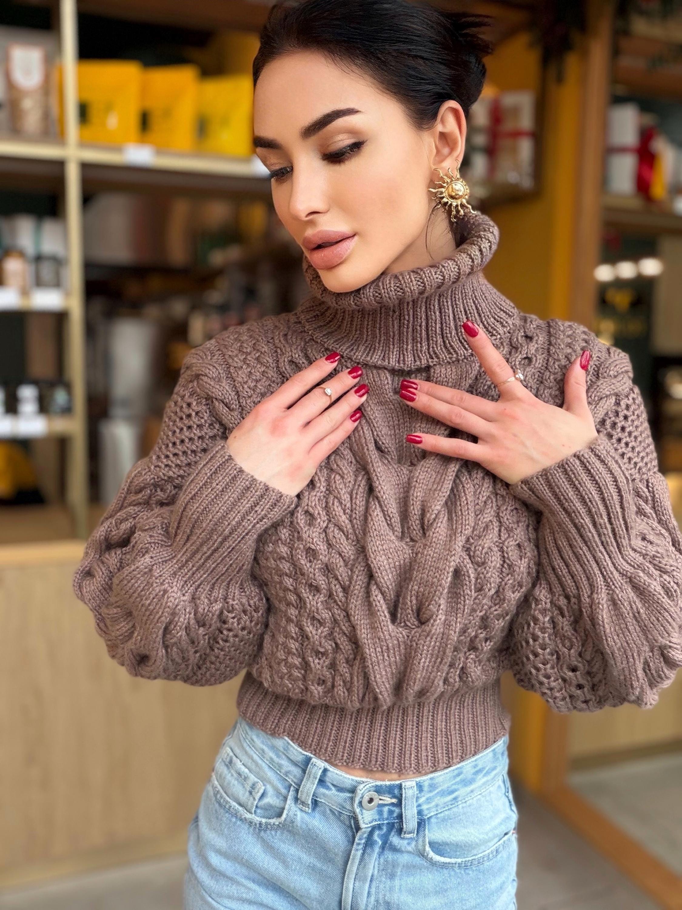 Hand knit cropped merino wool cable knit light brown beige sweater turtleneck Puff sleeves high collar Chunky knitted Pullover Womens