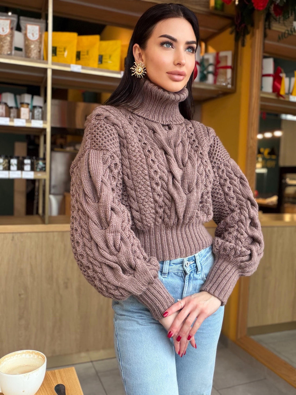 Hand knit cropped merino wool cable knit light brown beige sweater turtleneck Puff sleeves high collar Chunky knitted Pullover Womens