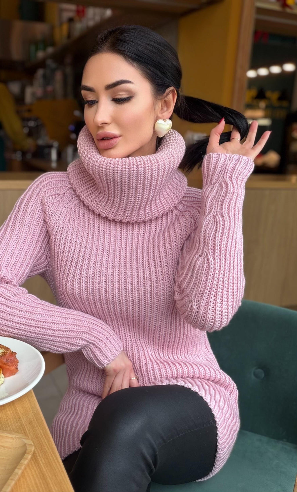 Merino wool hand knit pink Large Turtleneck - Sweater Big high collar unisex Cable Knit wool pullover Womens Chunky knit sweater dress