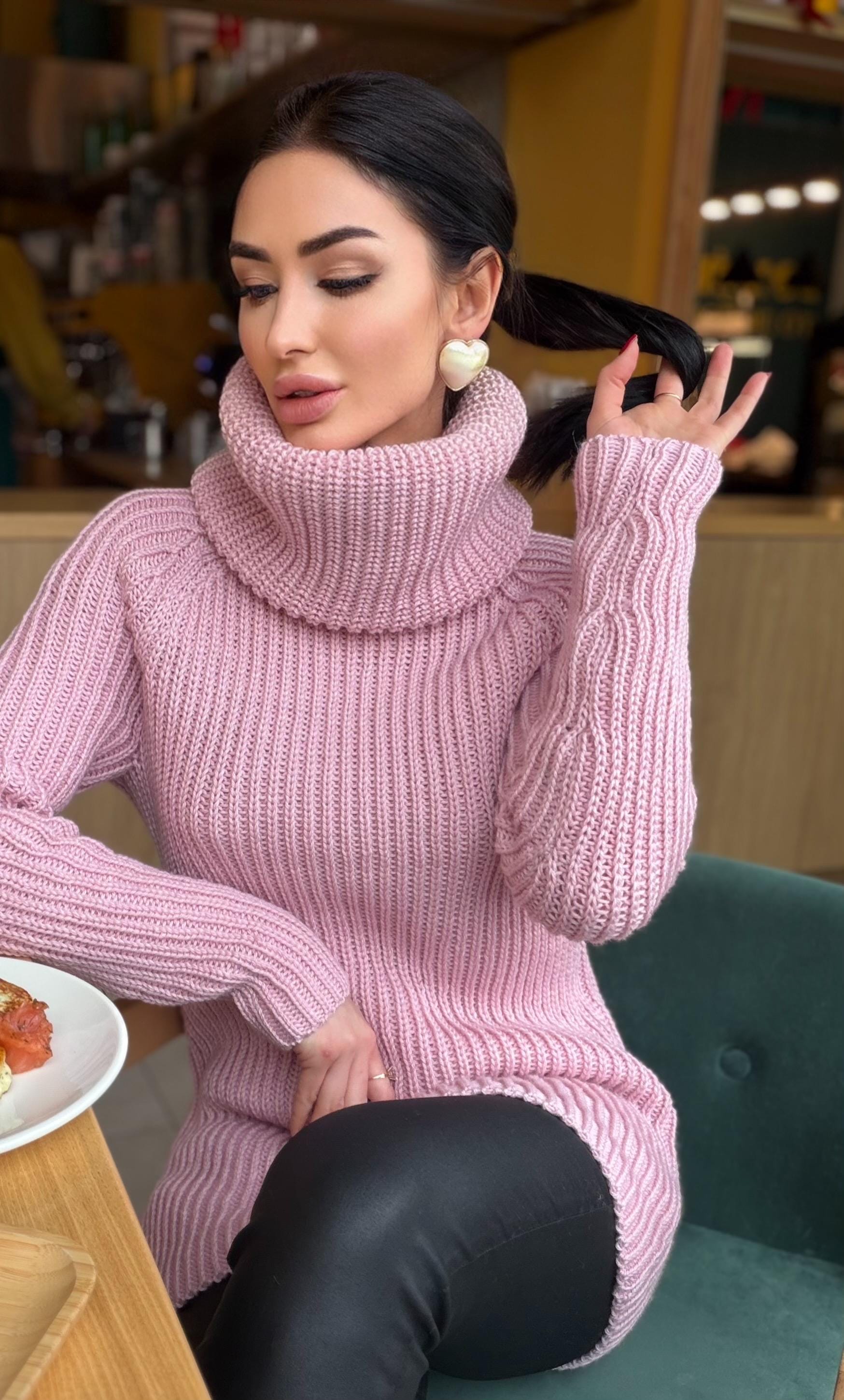 Merino wool hand knit pink Large Turtleneck - Sweater Big high collar unisex Cable Knit wool pullover Womens Chunky knit sweater dress