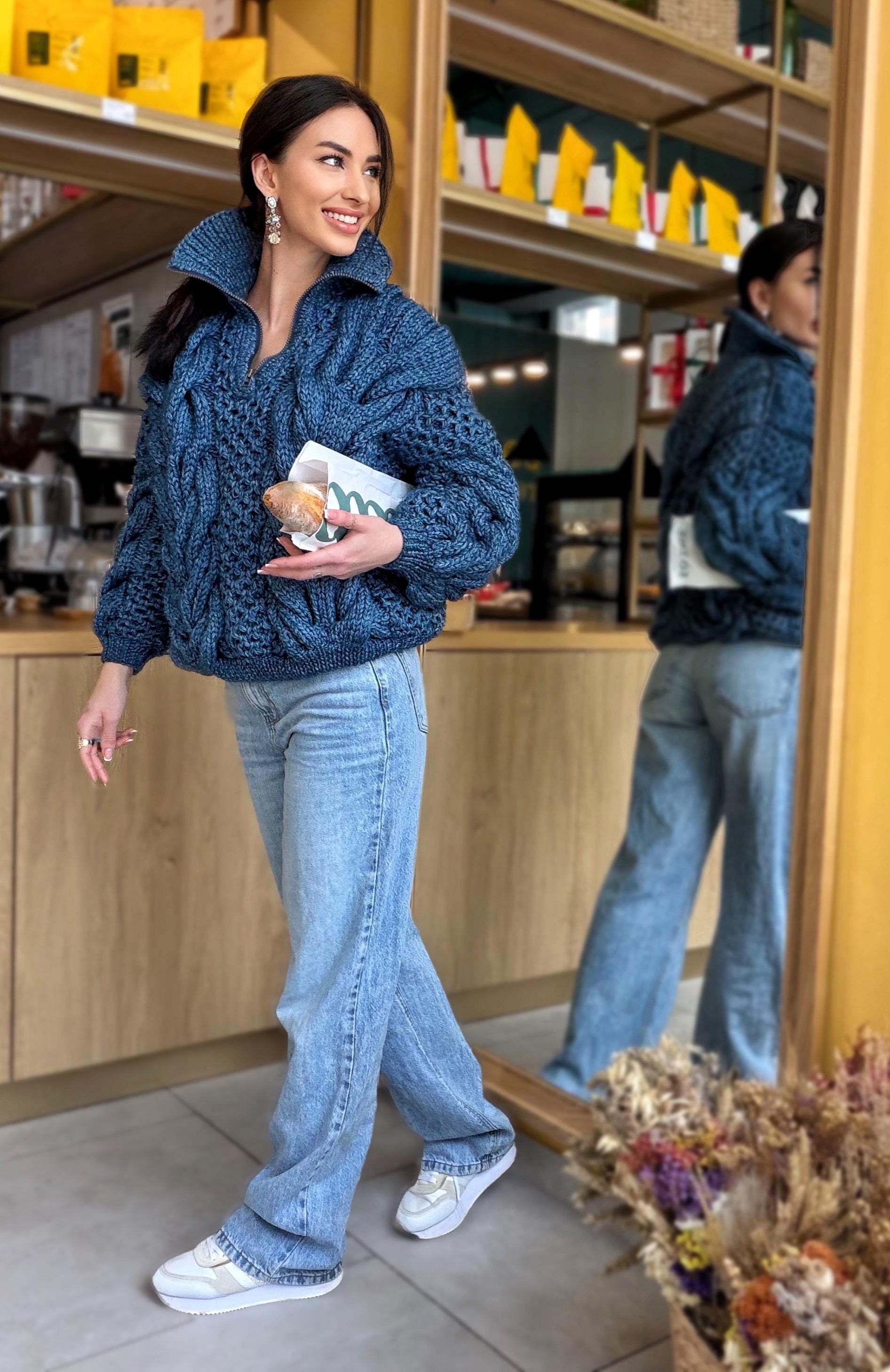 Zipper cable knit chunky 100% merino wool sweater turtleneck Hand knit soft blue melange jeans pullover High collar Warm oversize sweater