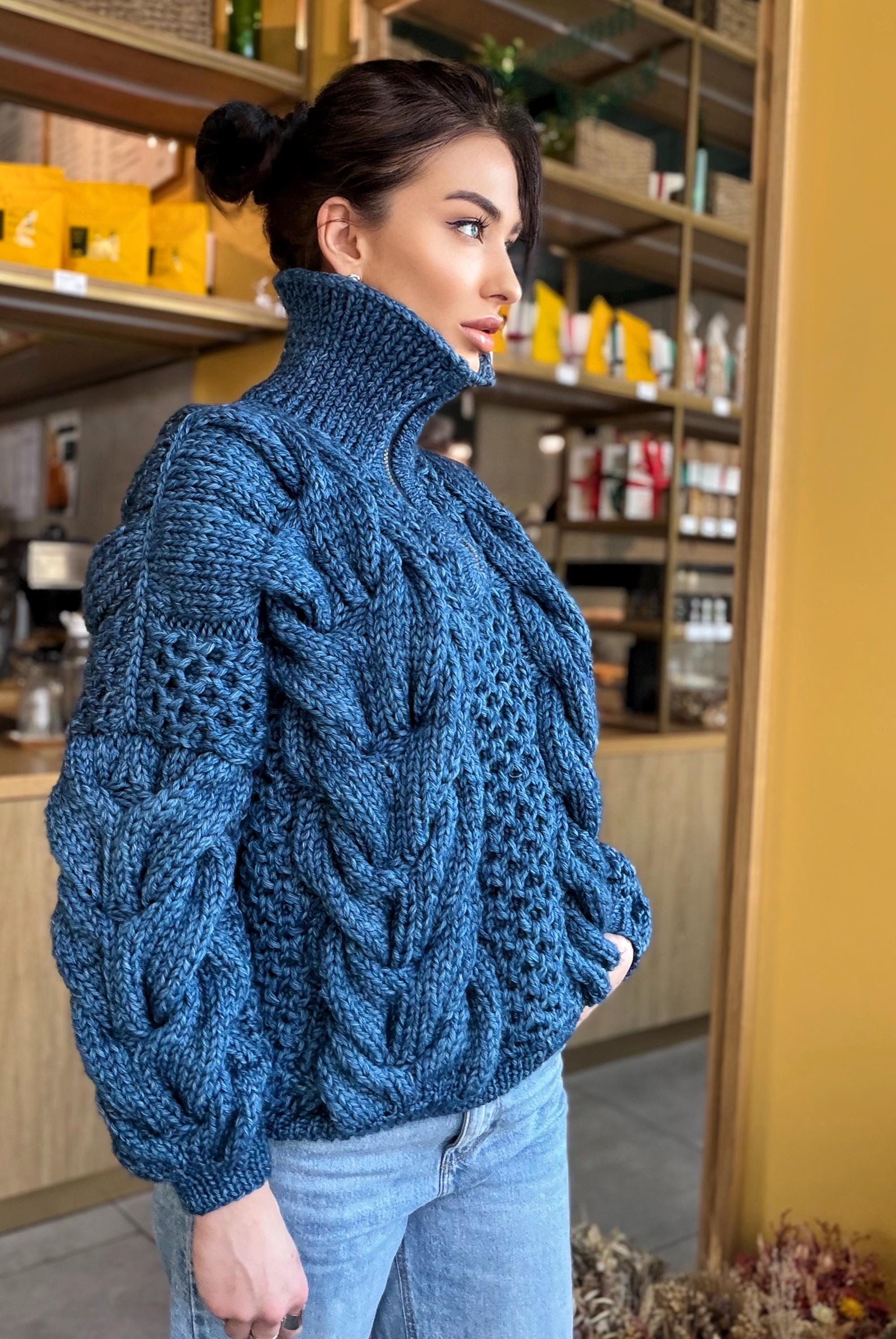Zipper cable knit chunky 100% merino wool sweater turtleneck Hand knit soft blue melange jeans pullover High collar Warm oversize sweater