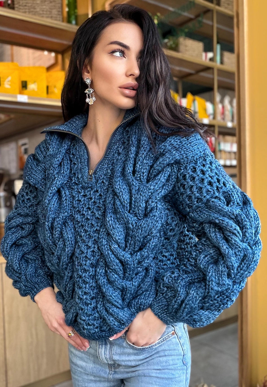 Zipper cable knit chunky 100% merino wool sweater turtleneck Hand knit soft blue melange jeans pullover High collar Warm oversize sweater