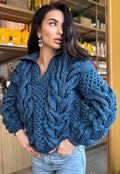 Zipper cable knit chunky 100% merino wool sweater turtleneck Hand knit soft blue melange jeans pullover High collar Warm oversize sweater