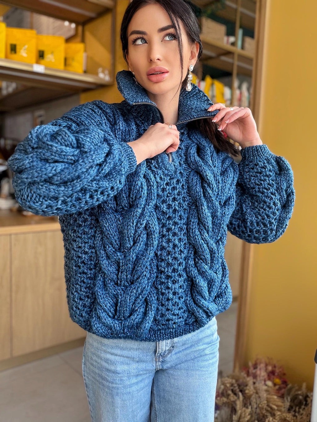 Zipper cable knit chunky 100% merino wool sweater turtleneck Hand knit soft blue melange jeans pullover High collar Warm oversize sweater