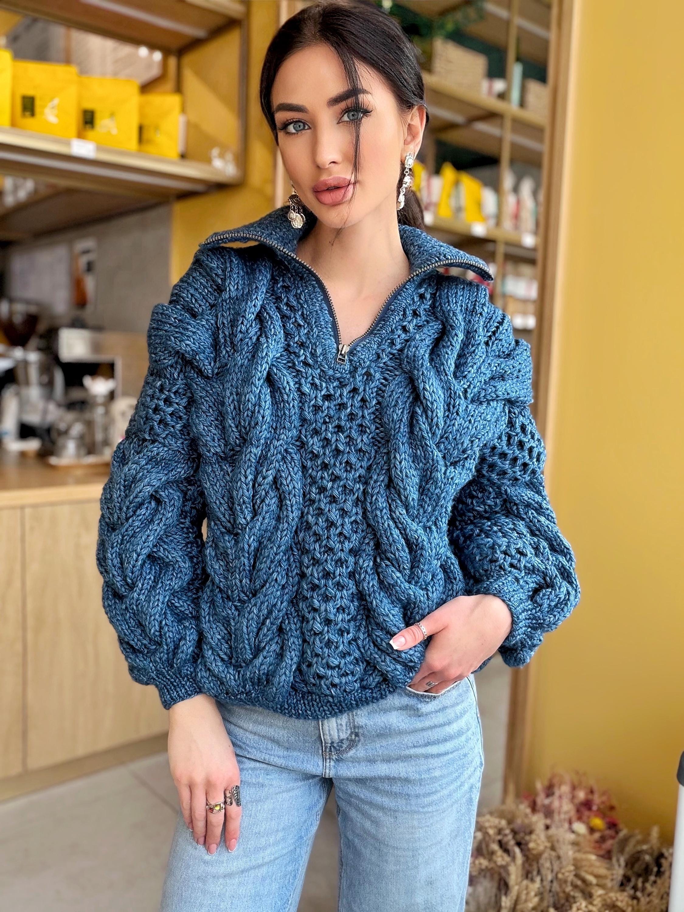 Zipper cable knit chunky 100% merino wool sweater turtleneck Hand knit soft blue melange jeans pullover High collar Warm oversize sweater