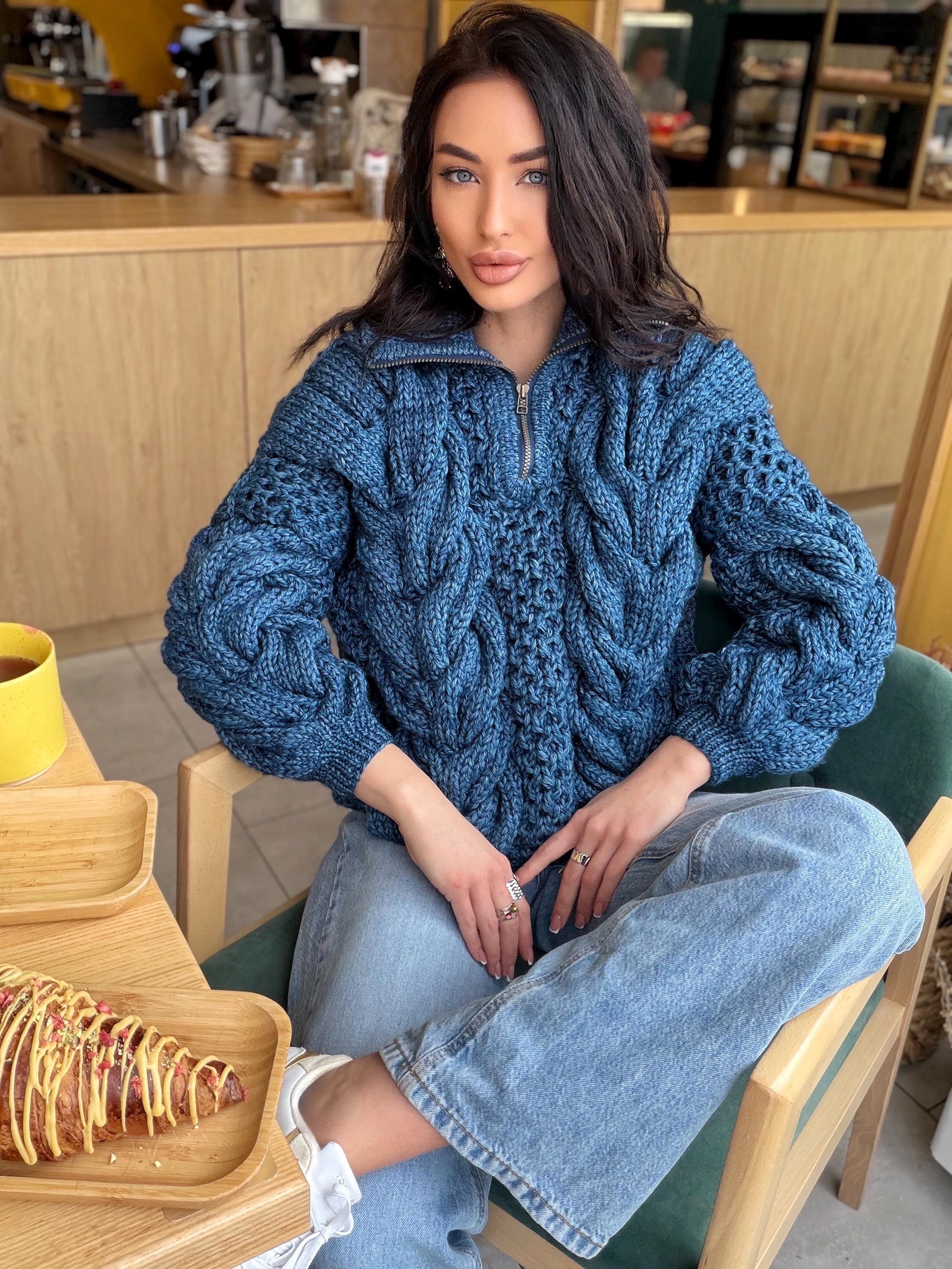 Zipper cable knit chunky 100% merino wool sweater turtleneck Hand knit soft blue melange jeans pullover High collar Warm oversize sweater