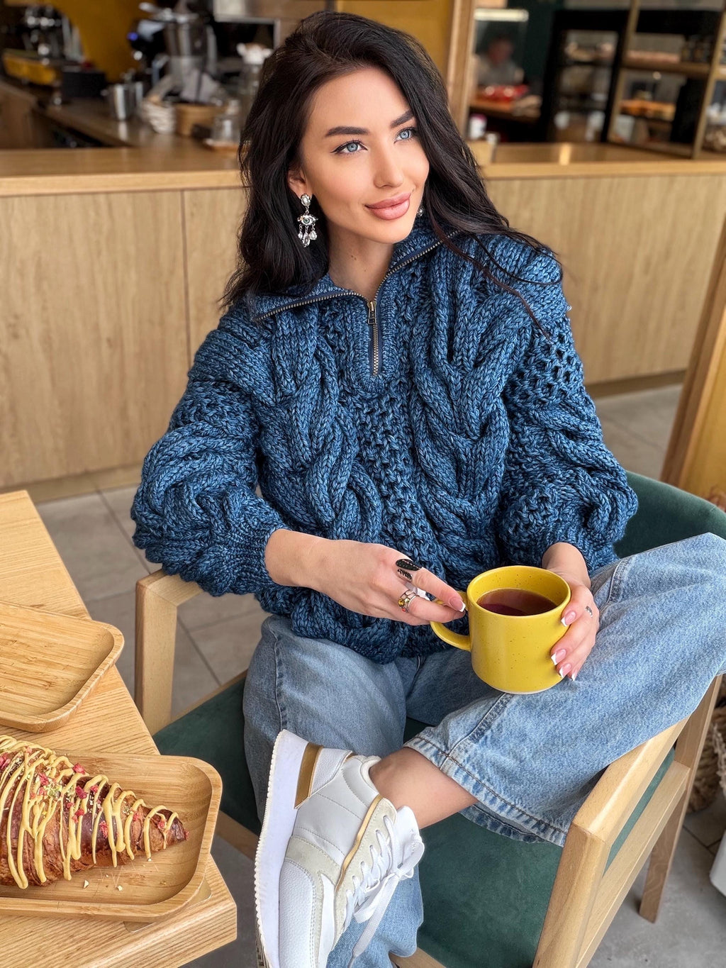 Zipper cable knit chunky 100% merino wool sweater turtleneck Hand knit soft blue melange jeans pullover High collar Warm oversize sweater