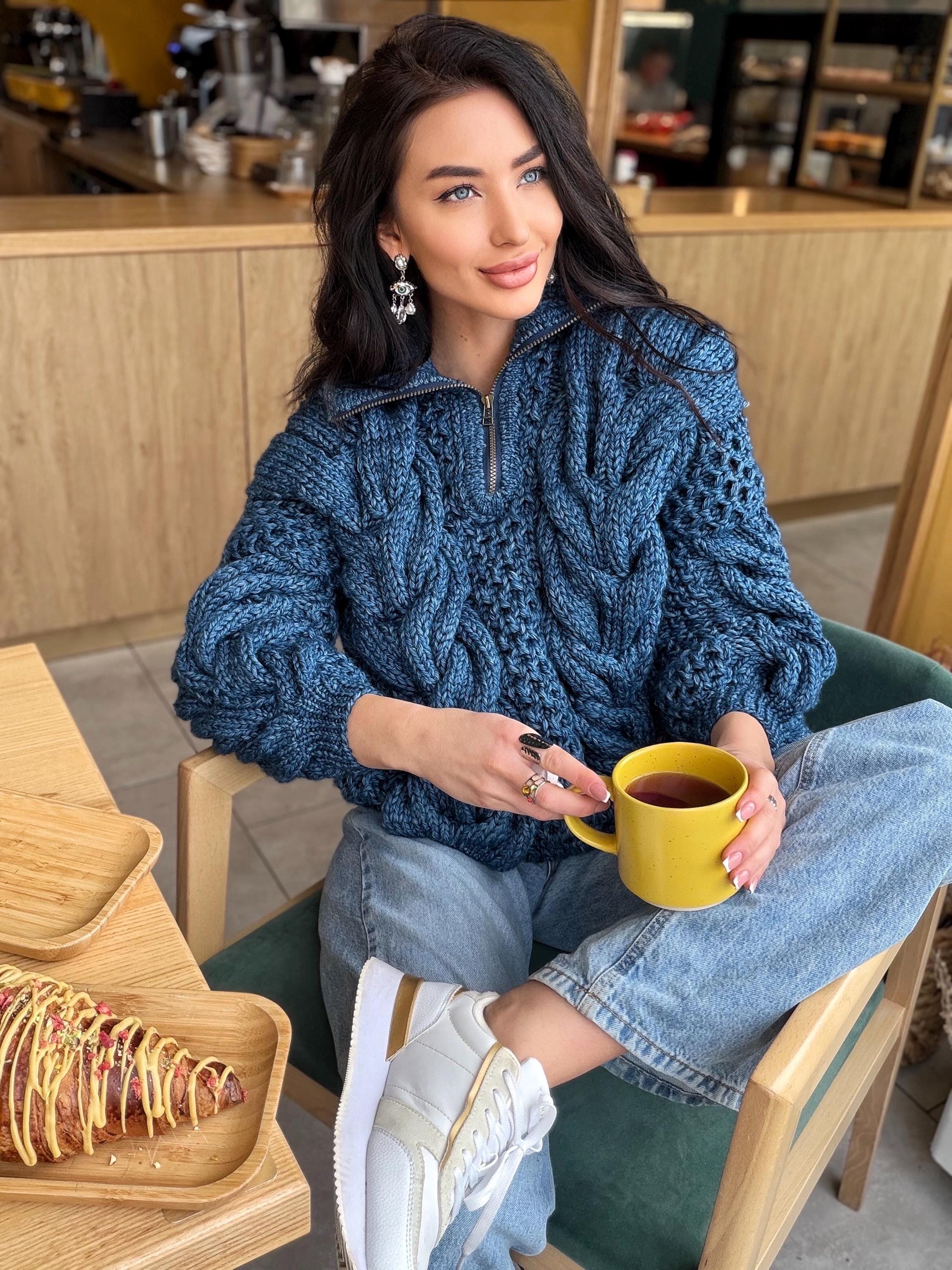 Zipper cable knit chunky 100% merino wool sweater turtleneck Hand knit soft blue melange jeans pullover High collar Warm oversize sweater