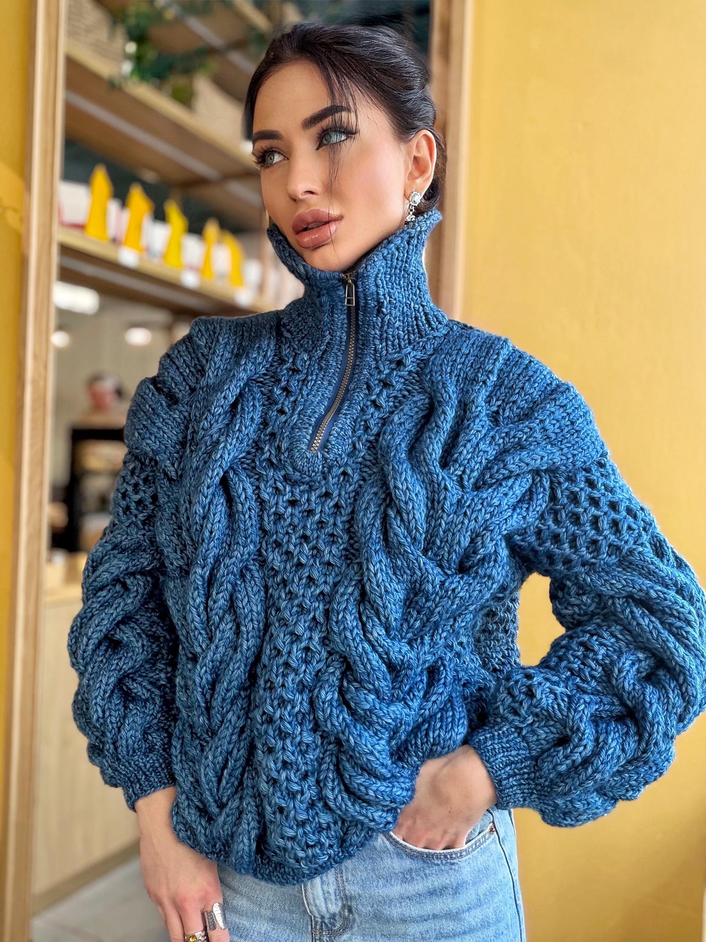 Zipper cable knit chunky 100% merino wool sweater turtleneck Hand knit soft blue melange jeans pullover High collar Warm oversize sweater