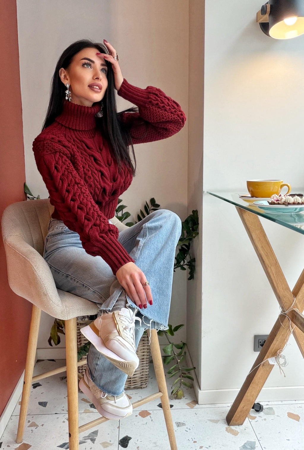 Crop hand knit red wine 100% merino wool aran sweater turtleneck Chunky Knit Pullover Womens Cable knit merino wool winter jumper