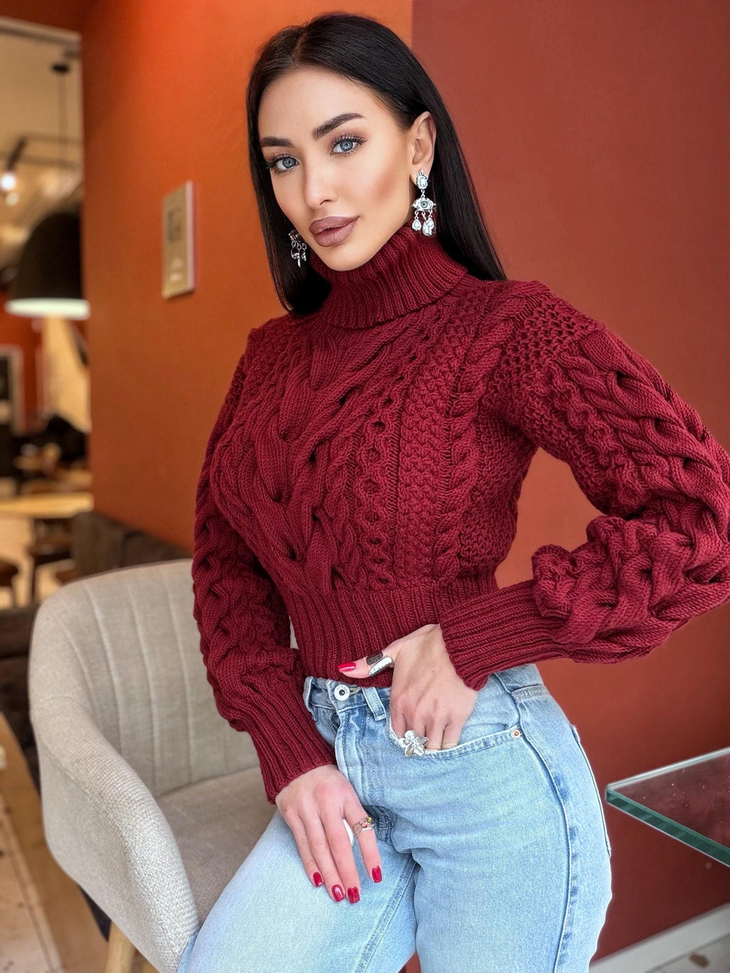 Crop hand knit red wine 100% merino wool aran sweater turtleneck Chunky Knit Pullover Womens Cable knit merino wool winter jumper