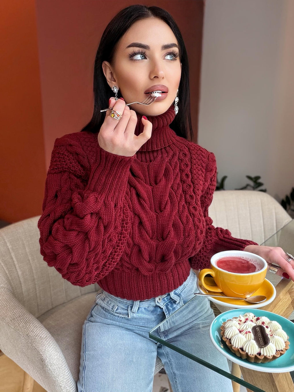 Crop hand knit red wine 100% merino wool aran sweater turtleneck Chunky Knit Pullover Womens Cable knit merino wool winter jumper