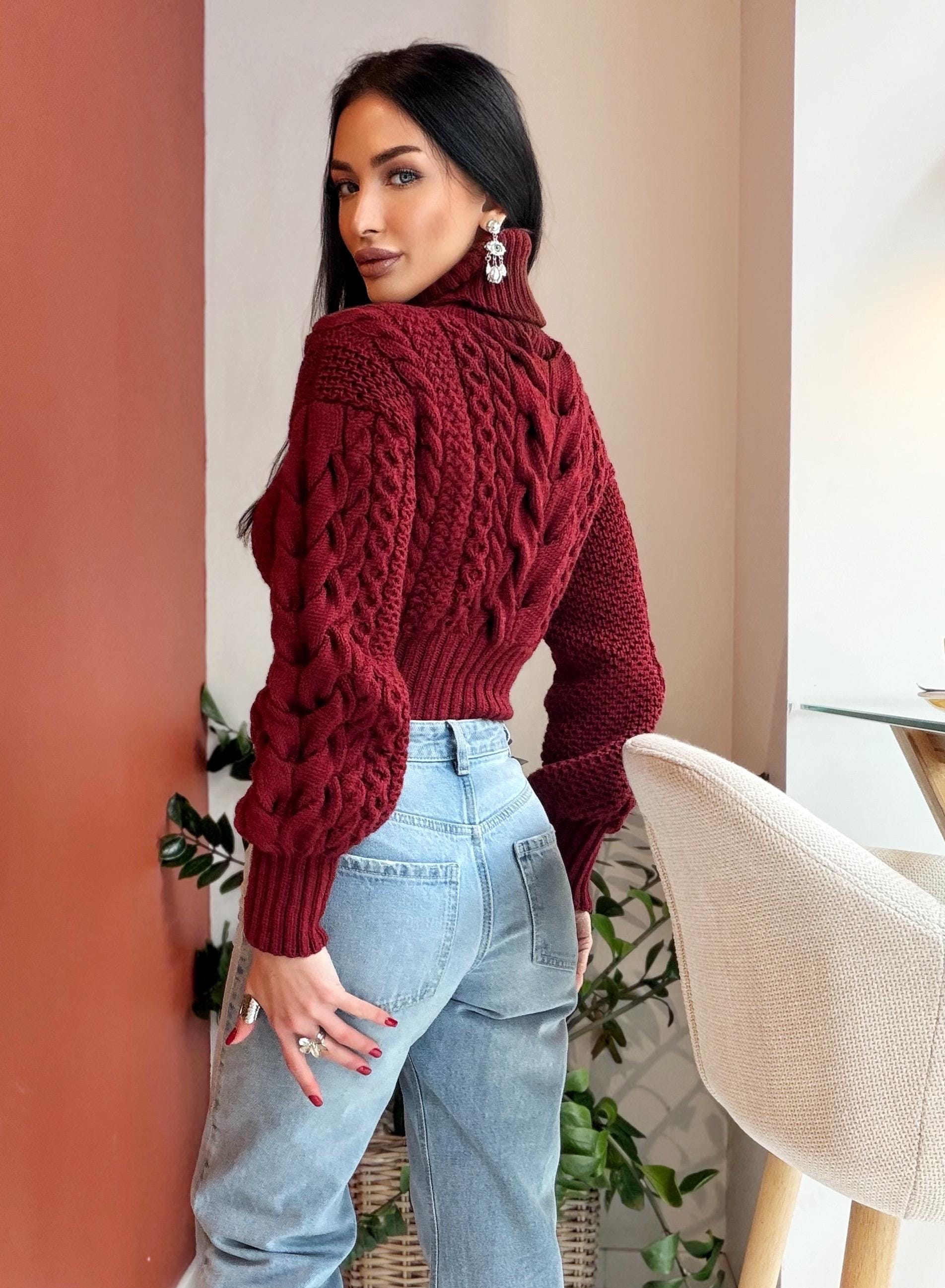 Crop hand knit red wine 100% merino wool aran sweater turtleneck Chunky Knit Pullover Womens Cable knit merino wool winter jumper