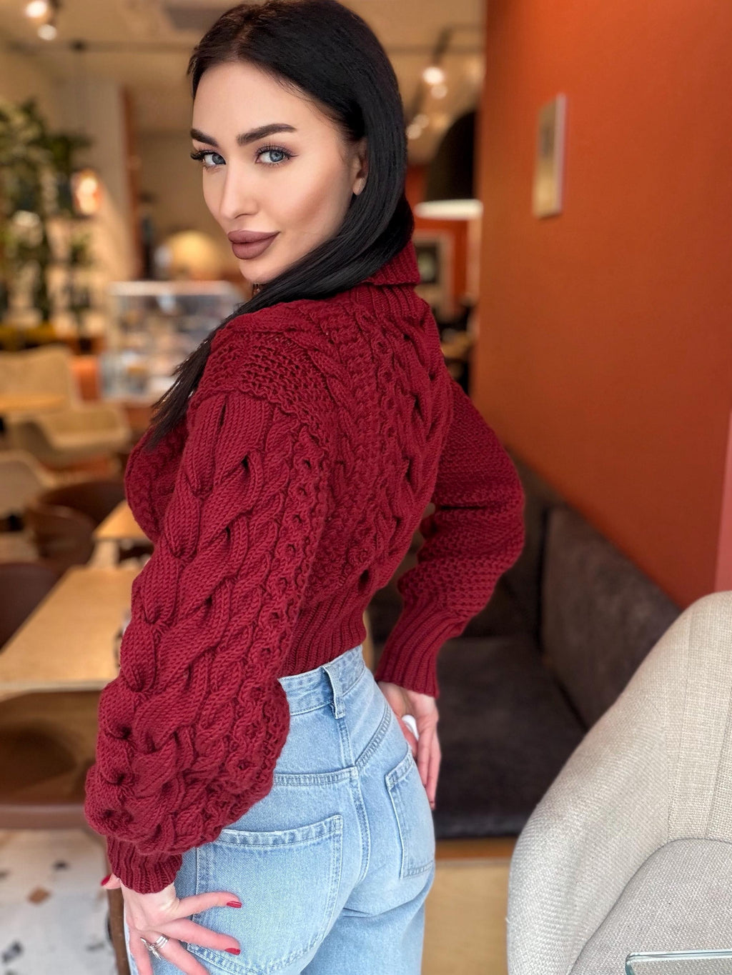 Crop hand knit red wine 100% merino wool aran sweater turtleneck Chunky Knit Pullover Womens Cable knit merino wool winter jumper