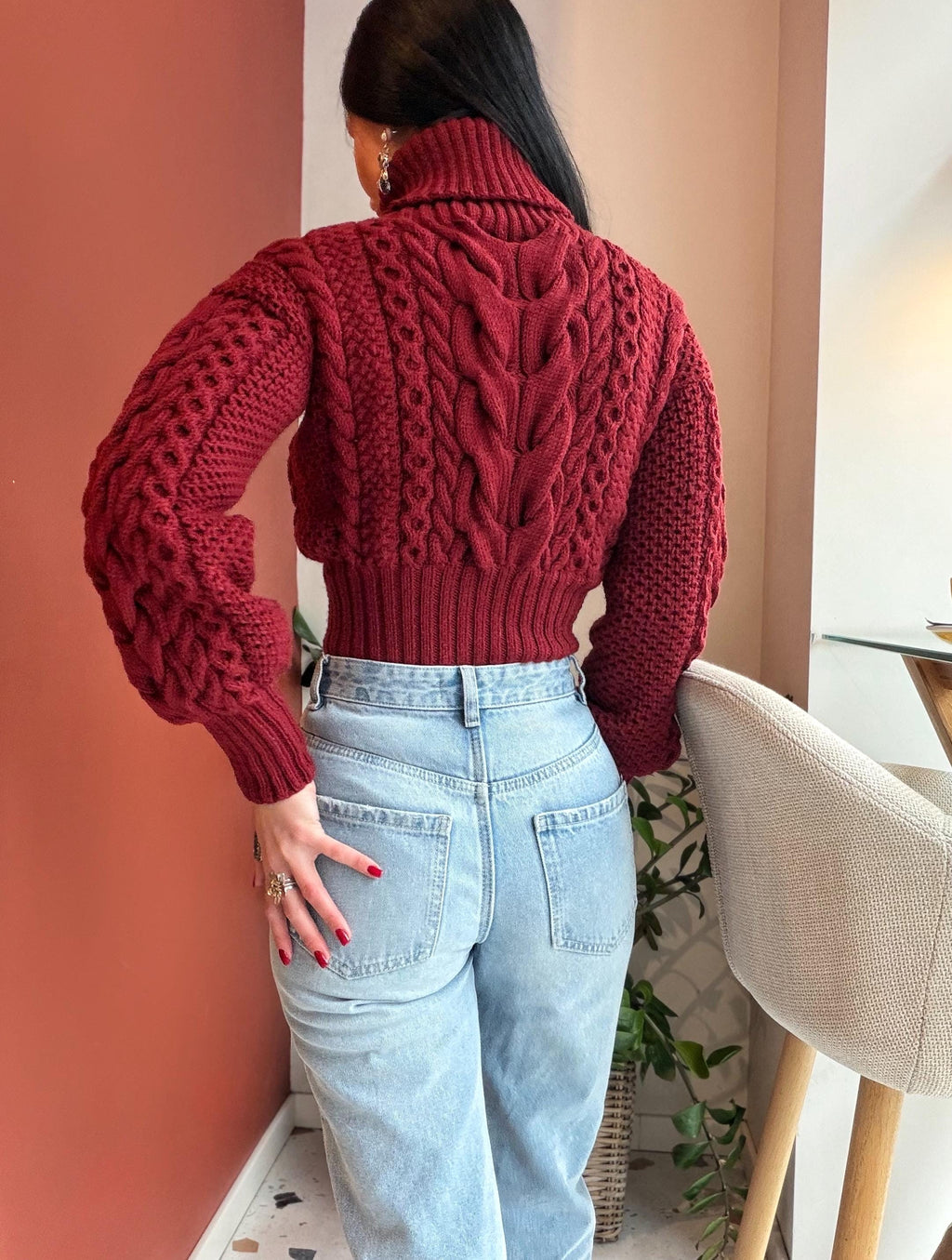 Crop hand knit red wine 100% merino wool aran sweater turtleneck Chunky Knit Pullover Womens Cable knit merino wool winter jumper