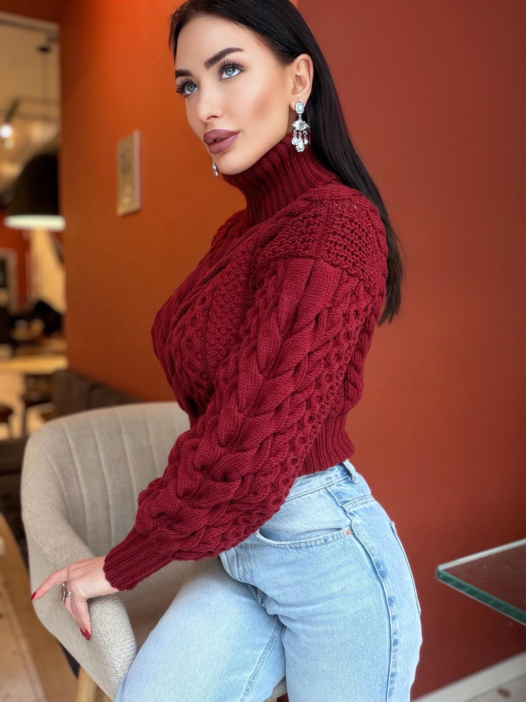 Crop hand knit red wine 100% merino wool aran sweater turtleneck Chunky Knit Pullover Womens Cable knit merino wool winter jumper