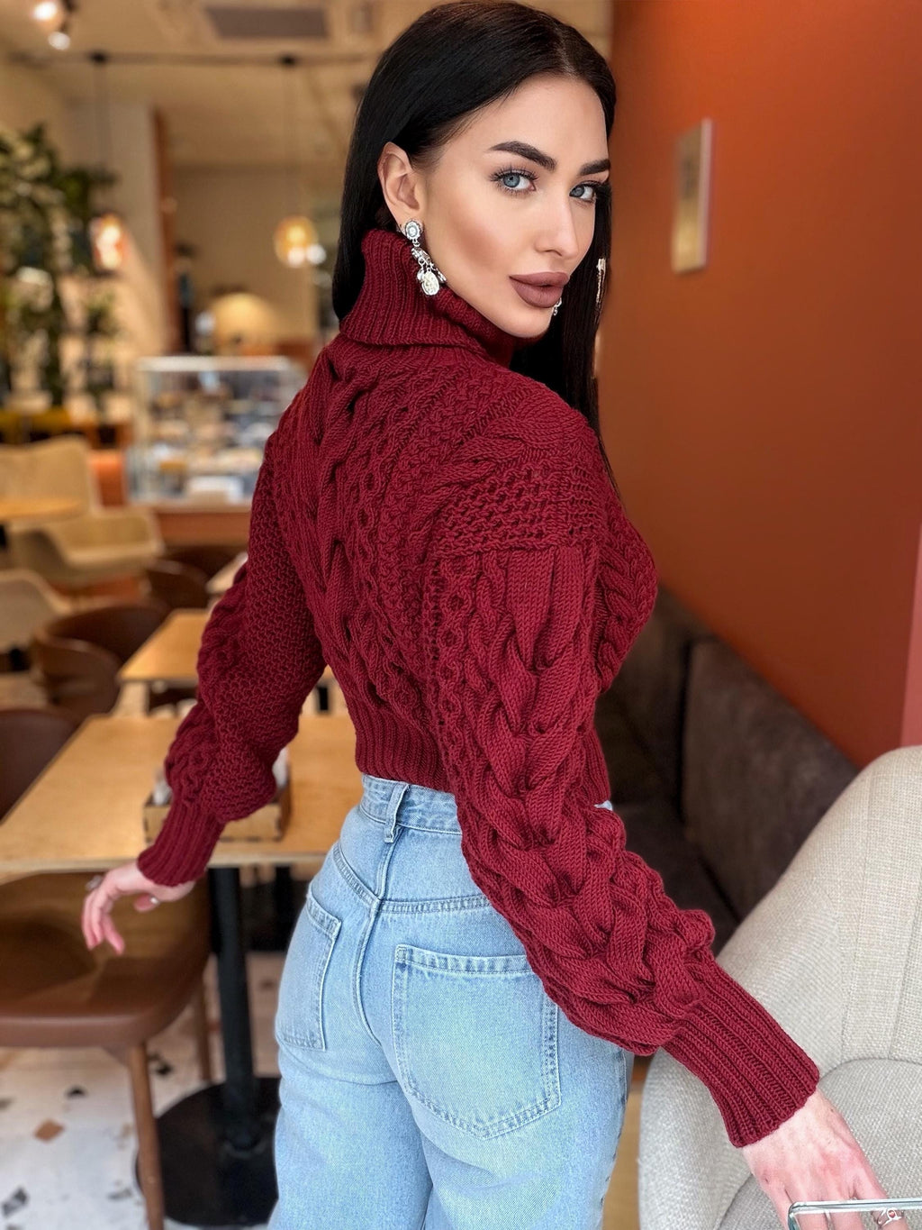 Crop hand knit red wine 100% merino wool aran sweater turtleneck Chunky Knit Pullover Womens Cable knit merino wool winter jumper