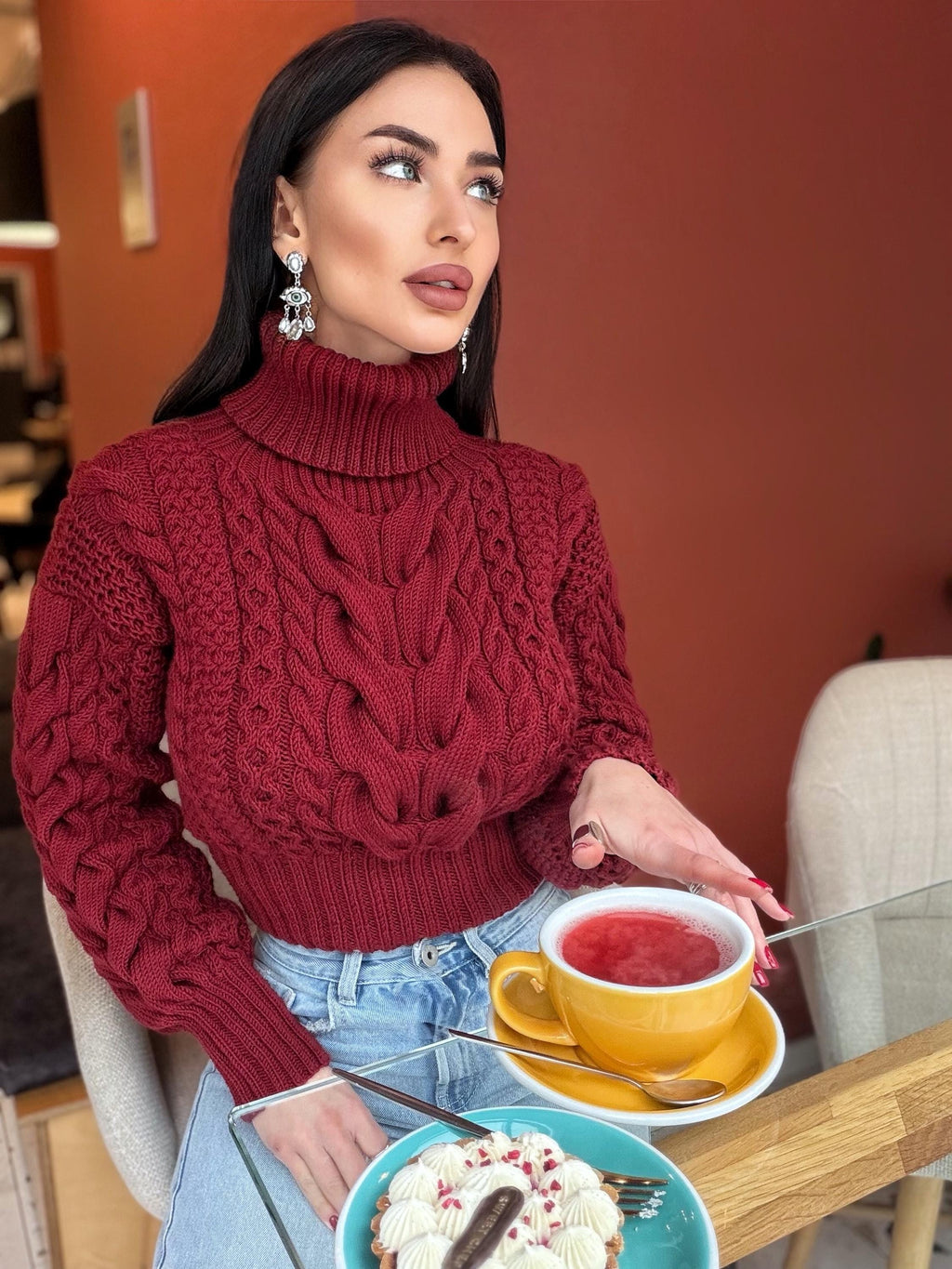Crop hand knit red wine 100% merino wool aran sweater turtleneck Chunky Knit Pullover Womens Cable knit merino wool winter jumper