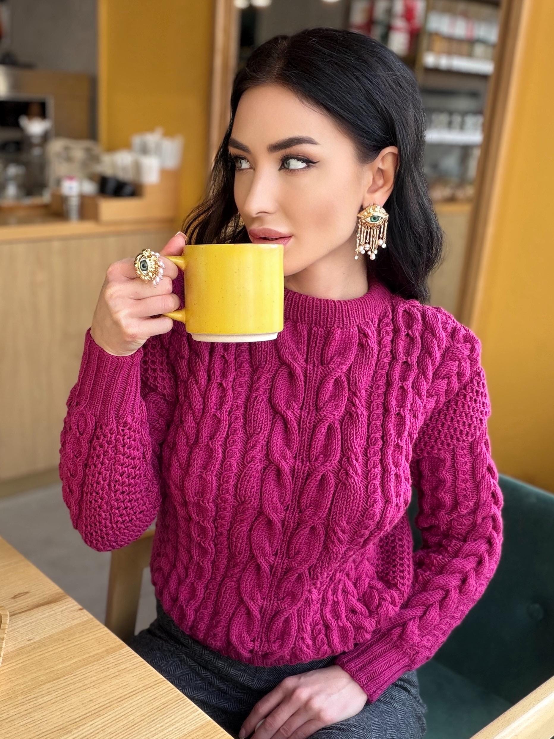 Hand knit cropped fuchsia soft merino wool pink sweater women Jumper Chunky knit loose Oversized High Waist