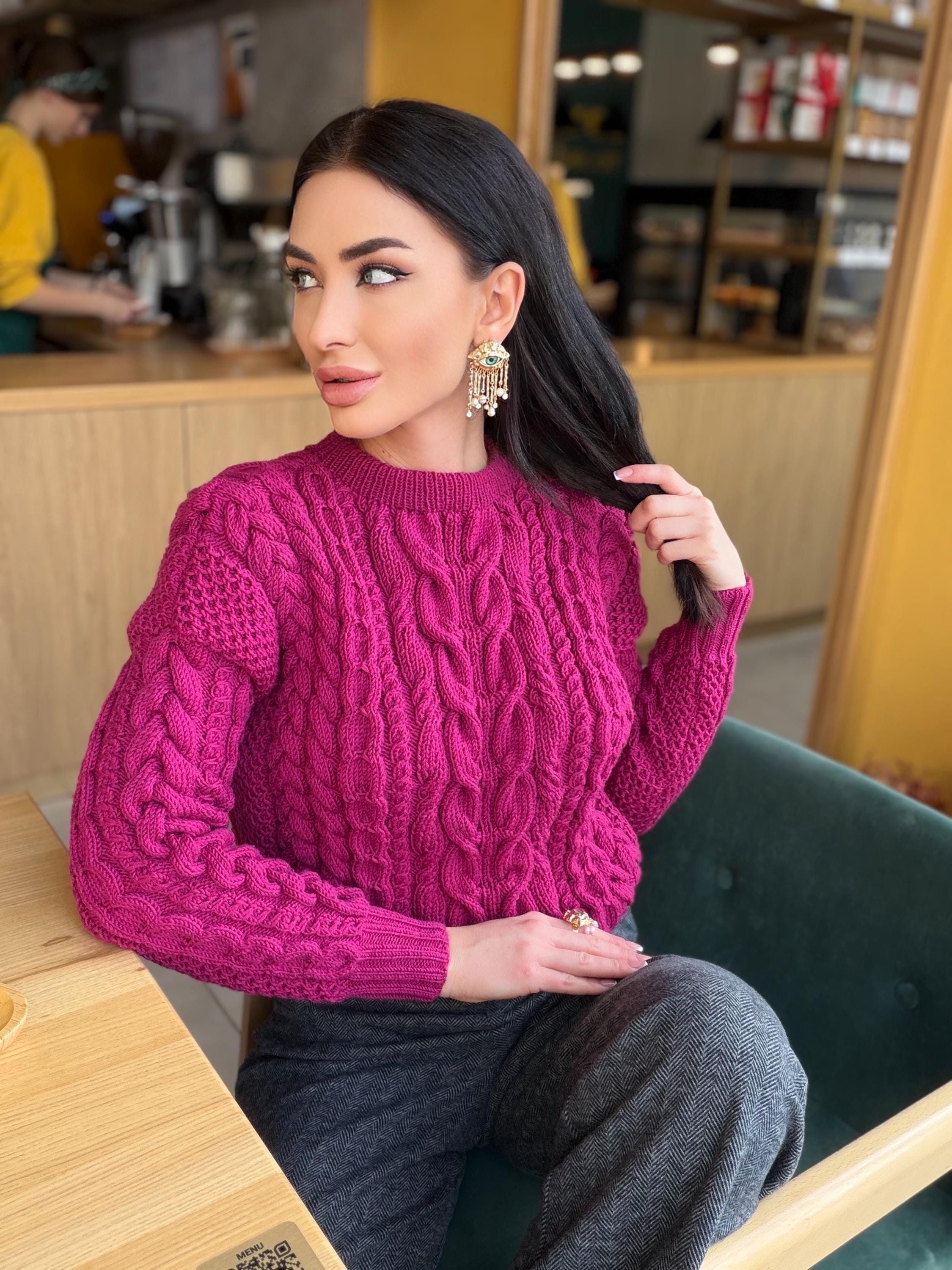 Hand knit cropped fuchsia soft merino wool pink sweater women Jumper Chunky knit loose Oversized High Waist