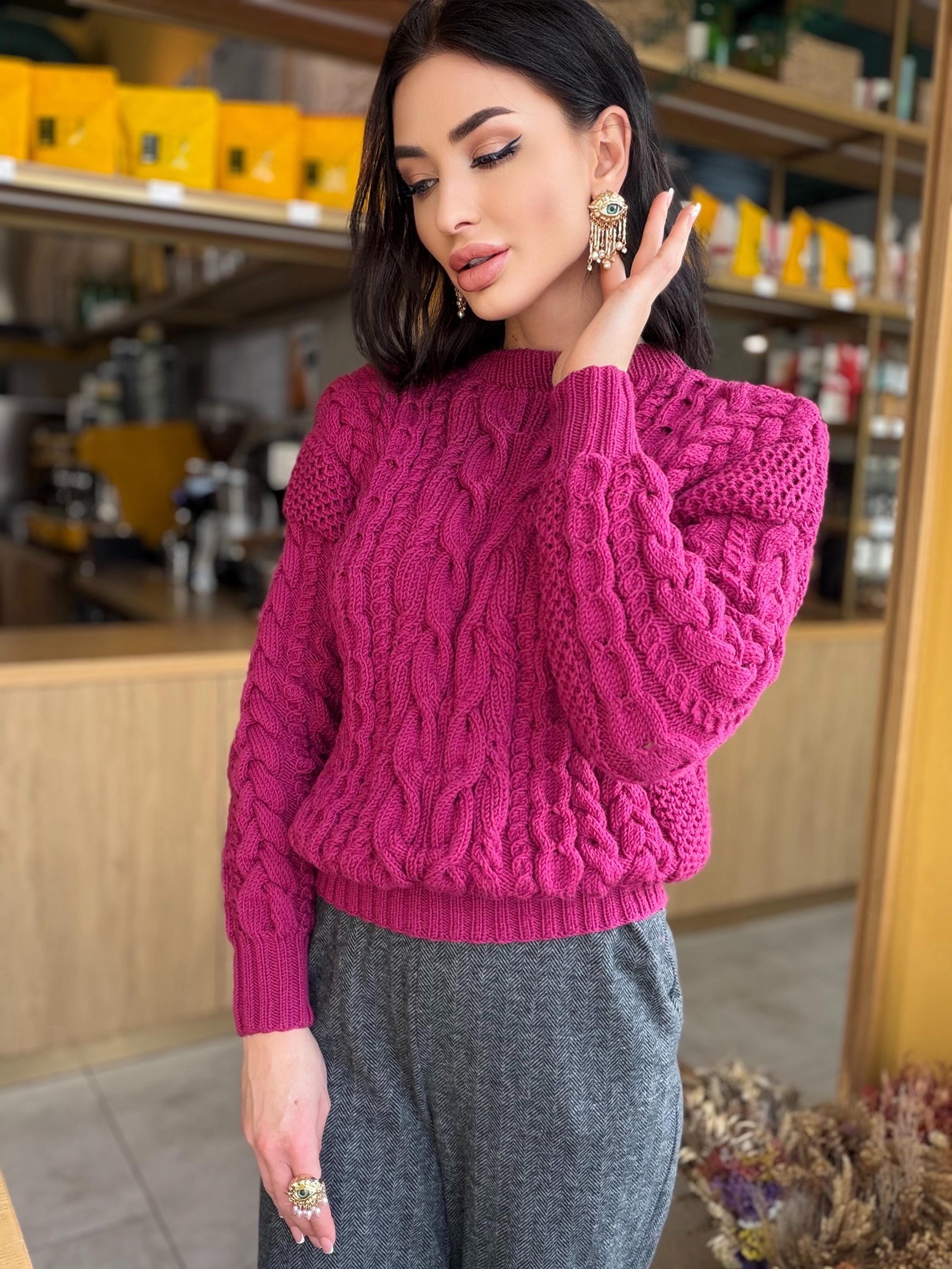 Hand knit cropped fuchsia soft merino wool pink sweater women Jumper Chunky knit loose Oversized High Waist