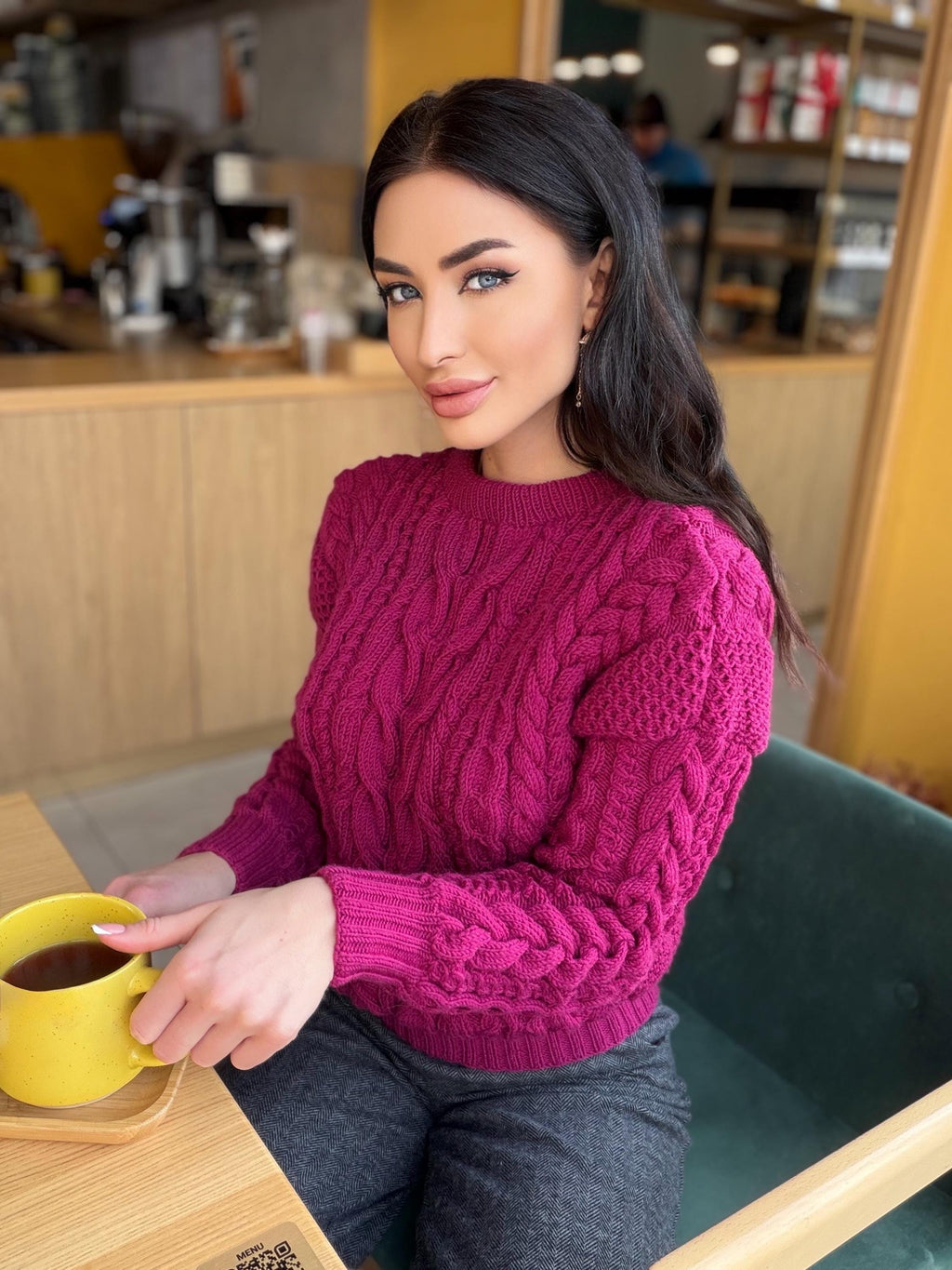 Hand knit cropped fuchsia soft merino wool pink sweater women Jumper Chunky knit loose Oversized High Waist