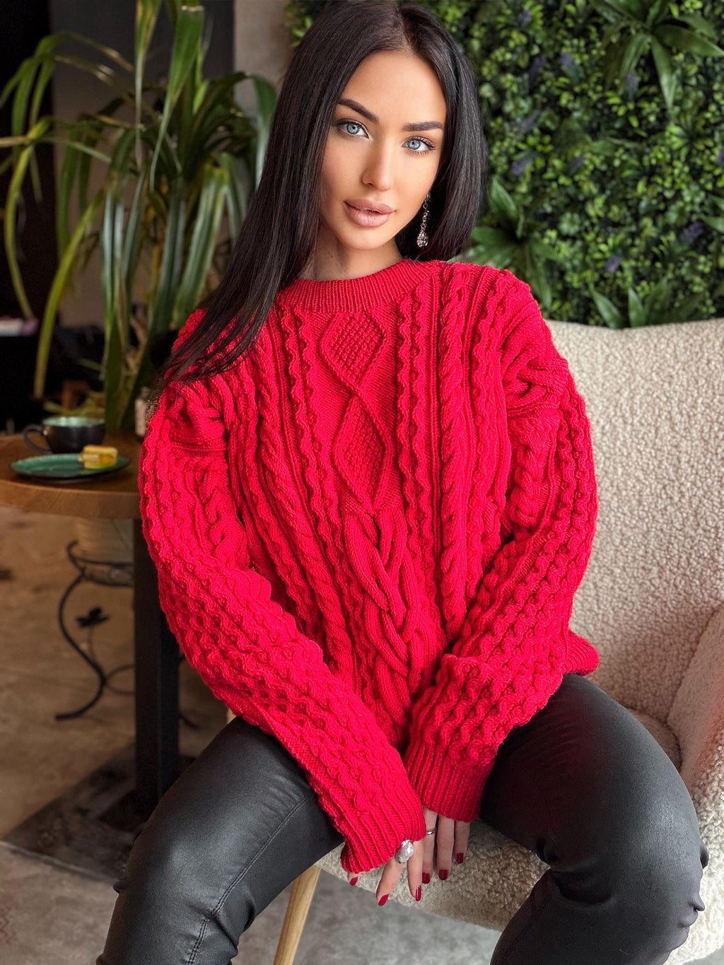 Aran hand knit Red Merino Wool Scandinavian Sweater Chunky knit oversized pullover Oversize crop sweater Women cable knit sweater