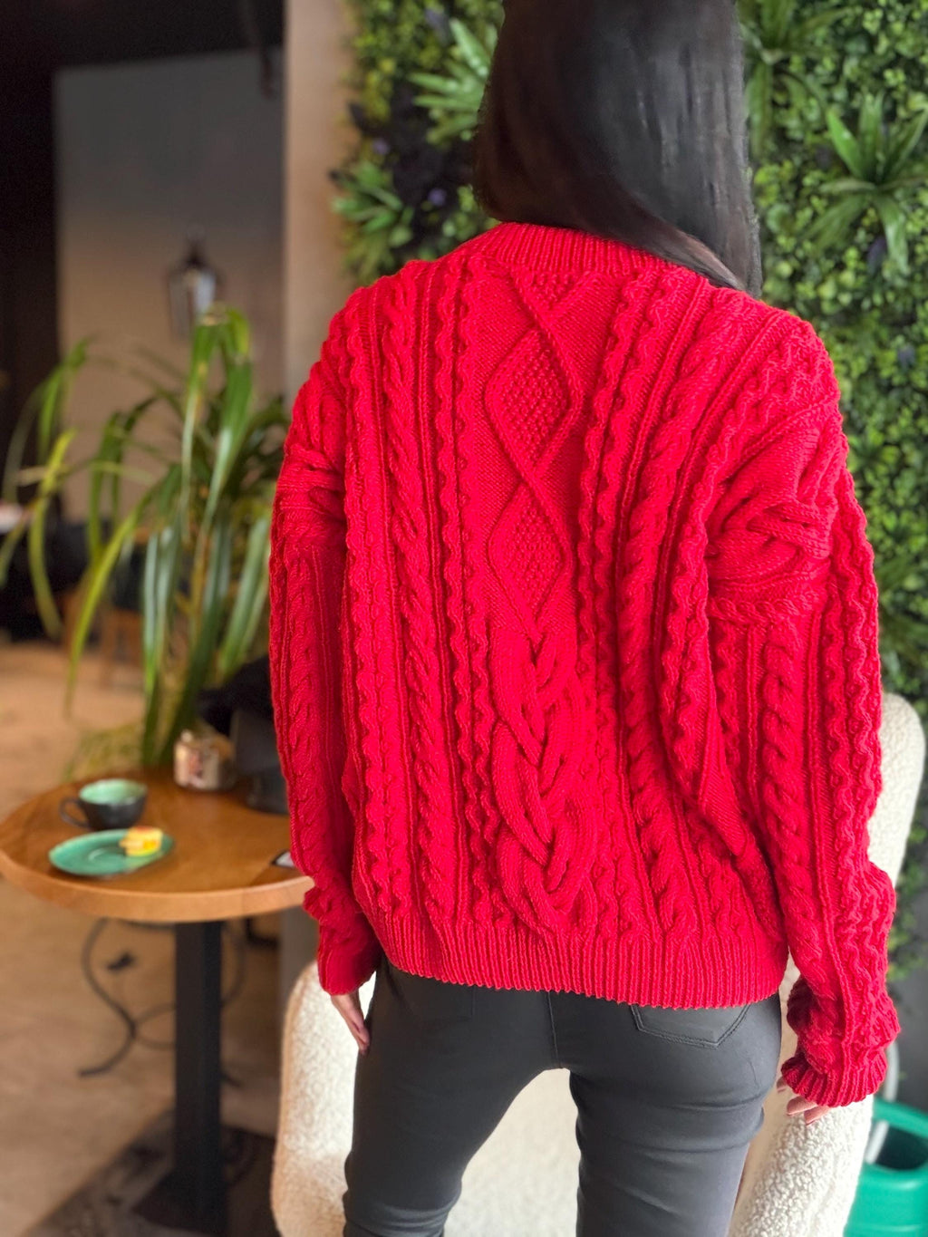 Aran hand knit Red Merino Wool Scandinavian Sweater Chunky knit oversized pullover Oversize crop sweater Women cable knit sweater