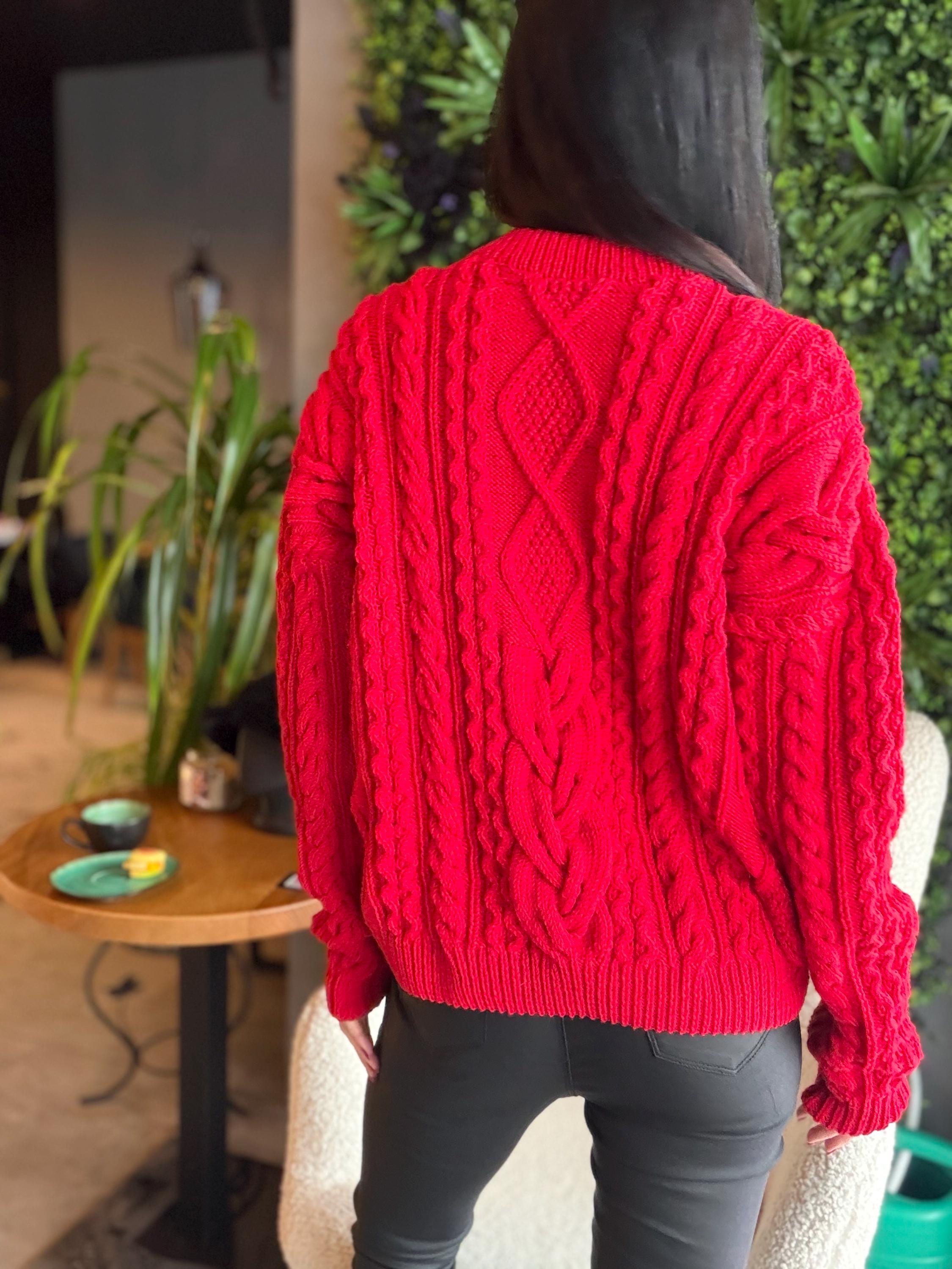 Aran hand knit Red Merino Wool Scandinavian Sweater Chunky knit oversized pullover Oversize crop sweater Women cable knit sweater