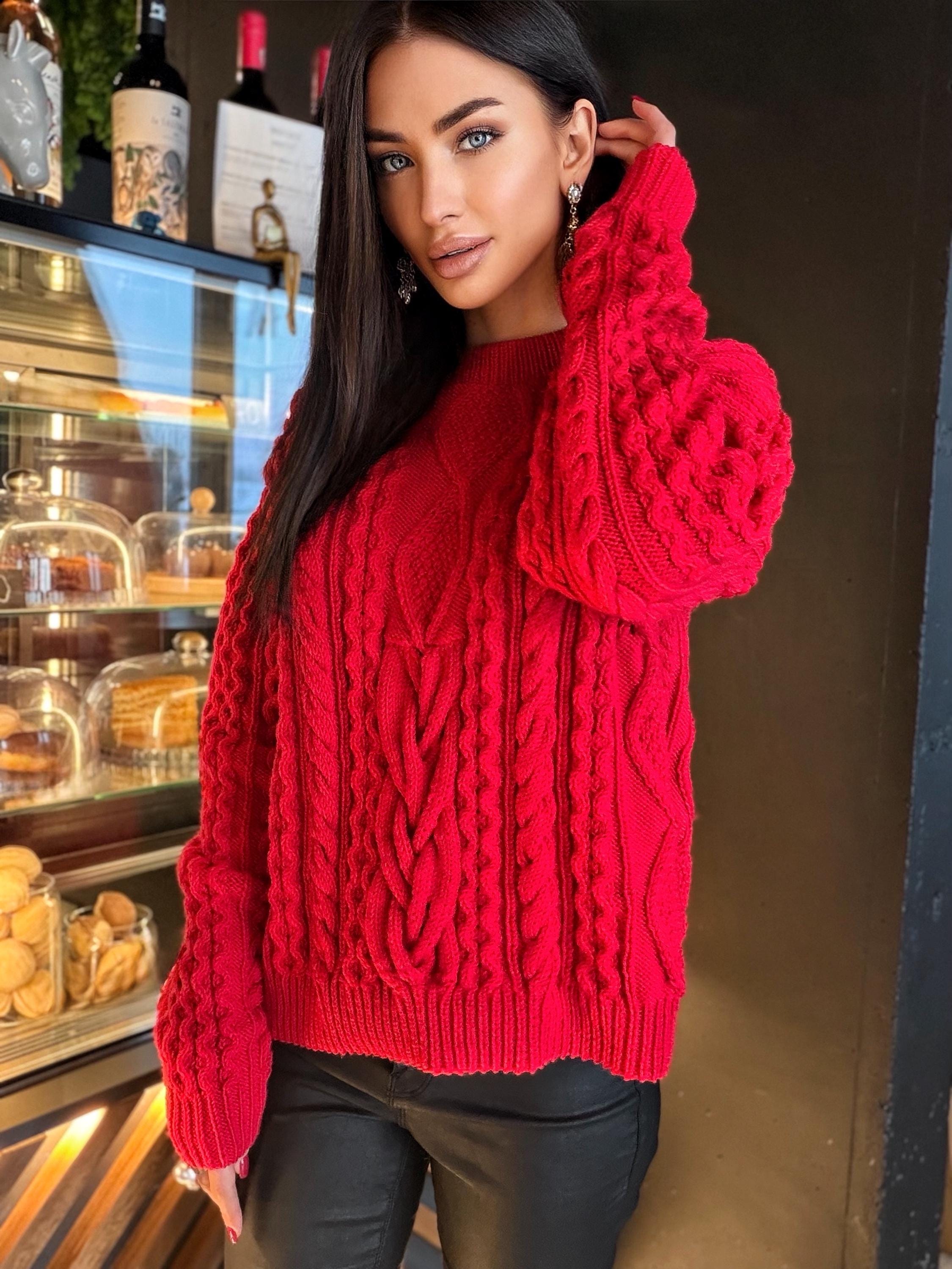 Aran hand knit Red Merino Wool Scandinavian Sweater Chunky knit oversized pullover Oversize crop sweater Women cable knit sweater