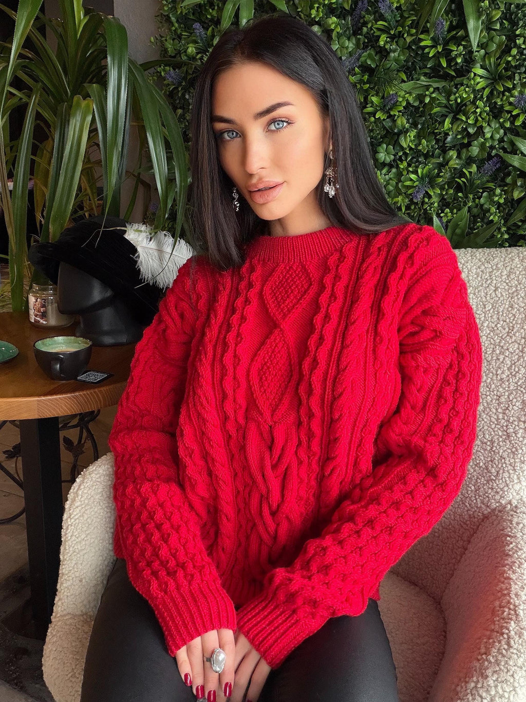 Aran hand knit Red Merino Wool Scandinavian Sweater Chunky knit oversized pullover Oversize crop sweater Women cable knit sweater