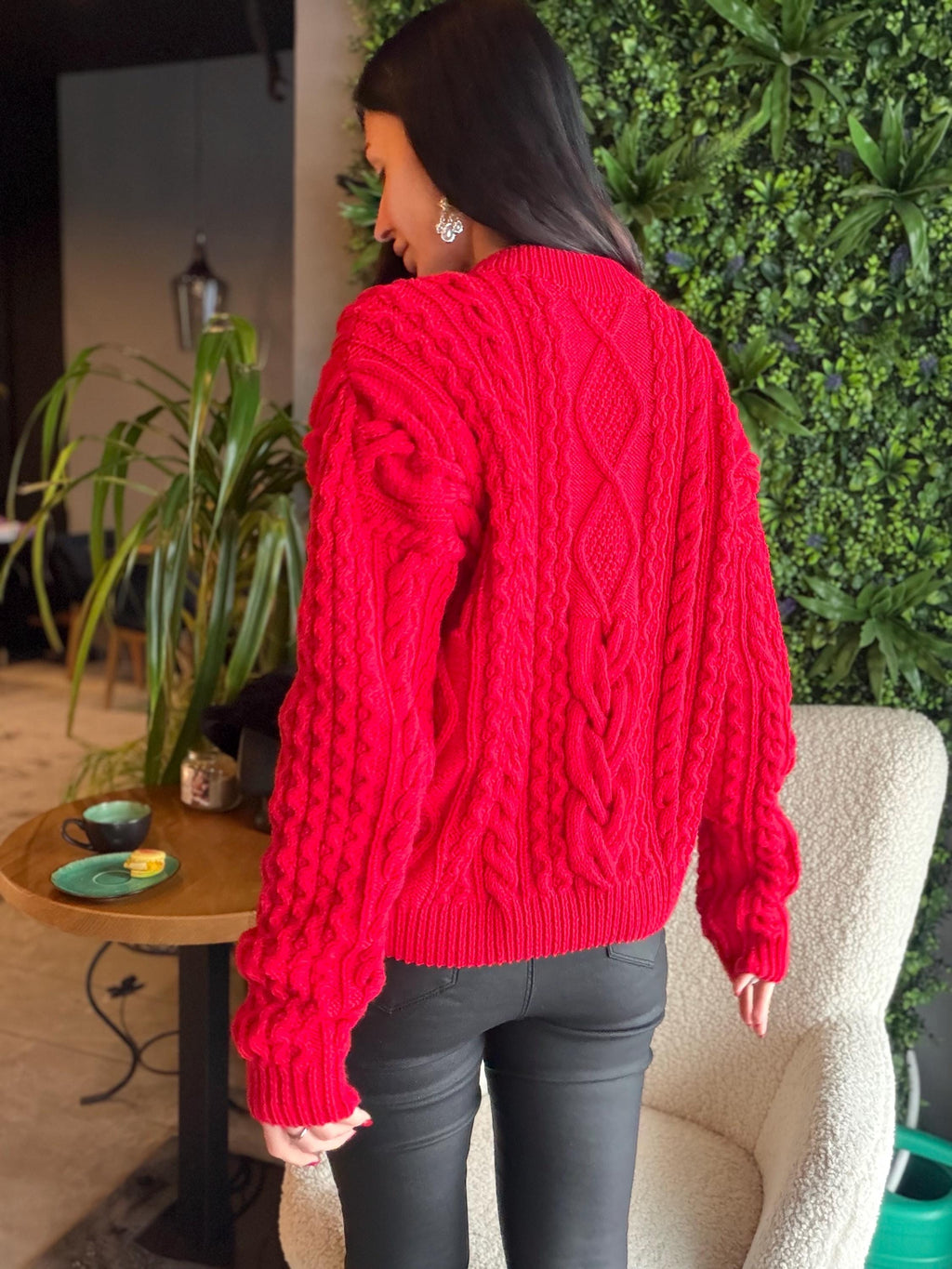 Aran hand knit Red Merino Wool Scandinavian Sweater Chunky knit oversized pullover Oversize crop sweater Women cable knit sweater
