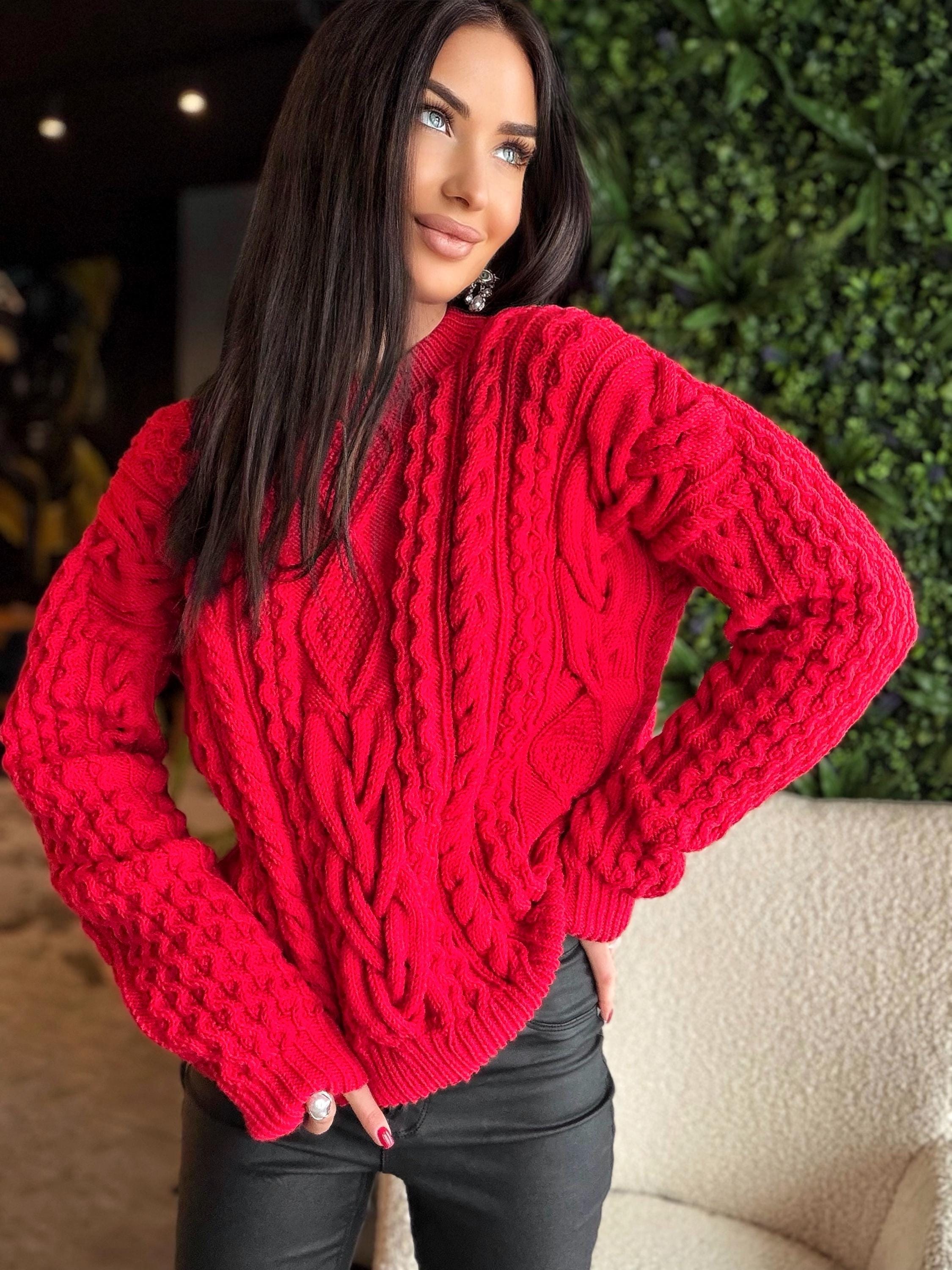 Aran hand knit Red Merino Wool Scandinavian Sweater Chunky knit oversized pullover Oversize crop sweater Women cable knit sweater