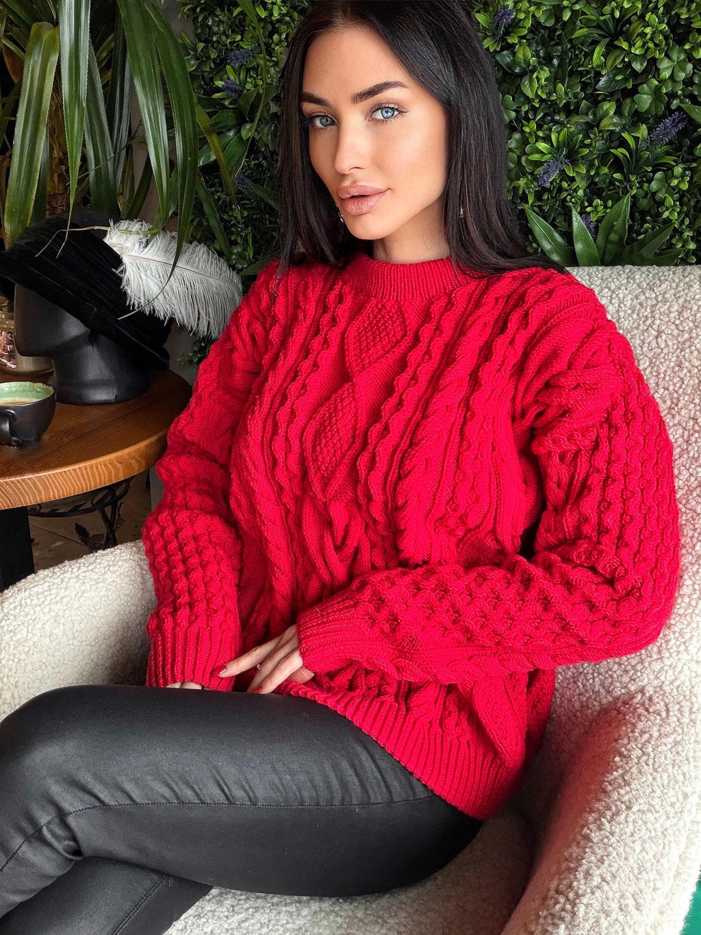 Aran hand knit Red Merino Wool Scandinavian Sweater Chunky knit oversized pullover Oversize crop sweater Women cable knit sweater