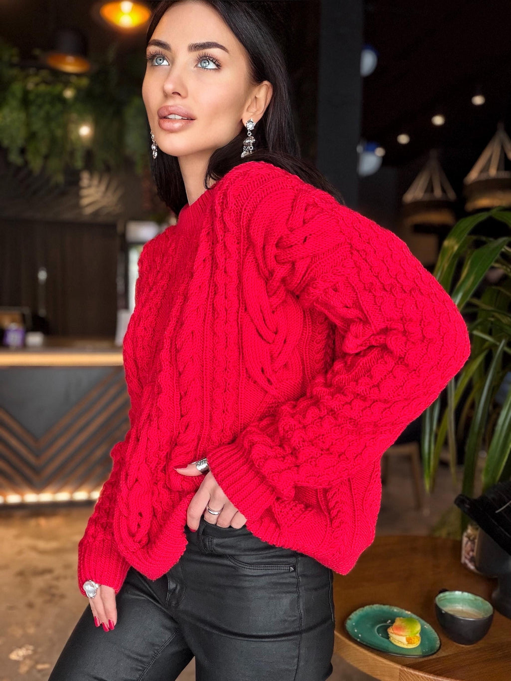 Aran hand knit Red Merino Wool Scandinavian Sweater Chunky knit oversized pullover Oversize crop sweater Women cable knit sweater